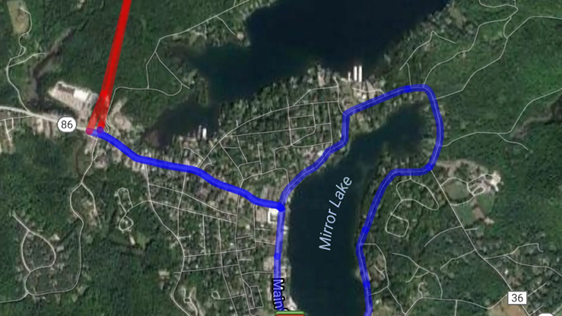 Satellite image of the 10k walking route in Lake Placid.