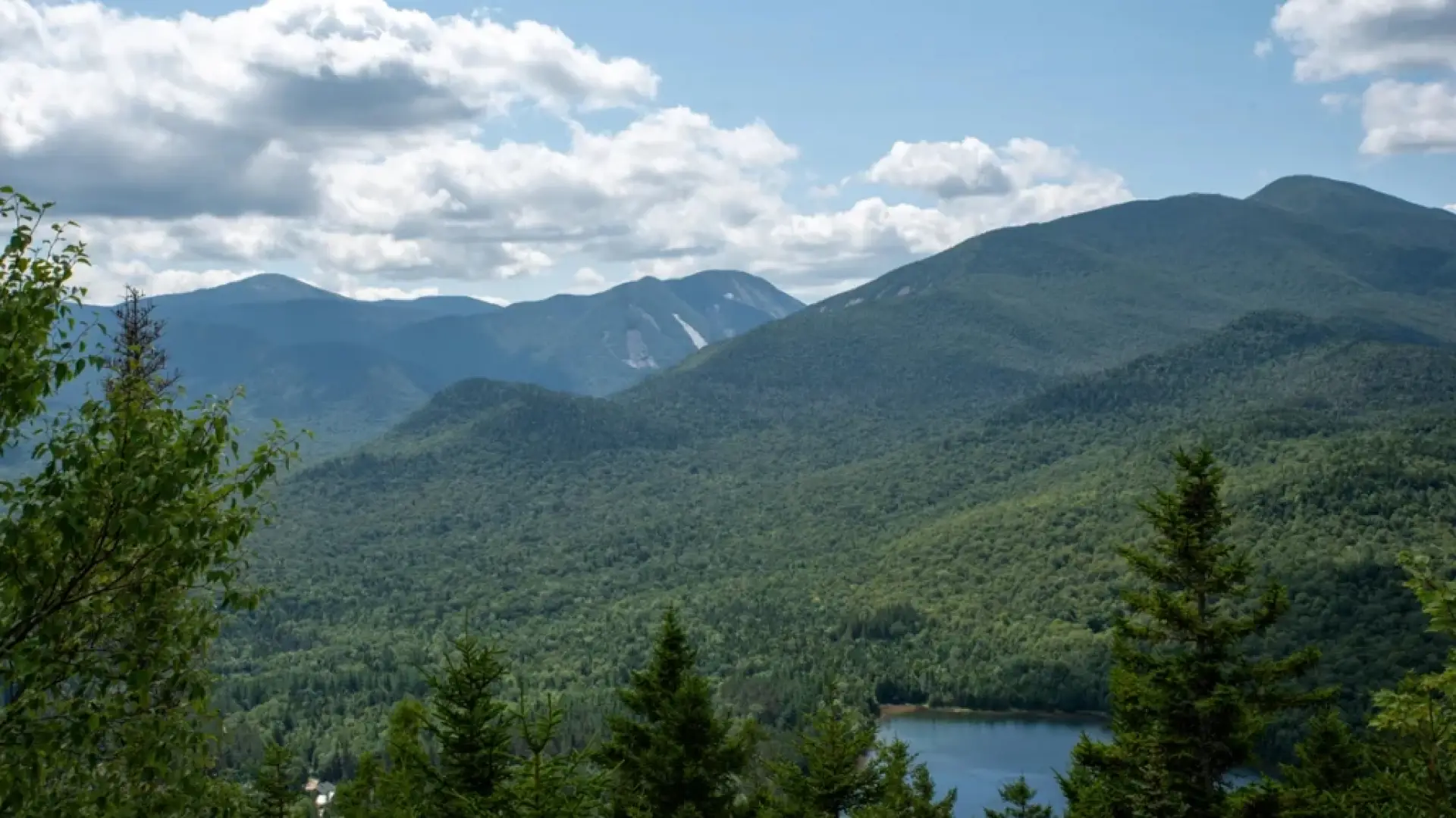 Elevated view of Heart Lake, the MacIntyre Range, and Mount Colden on a summer day