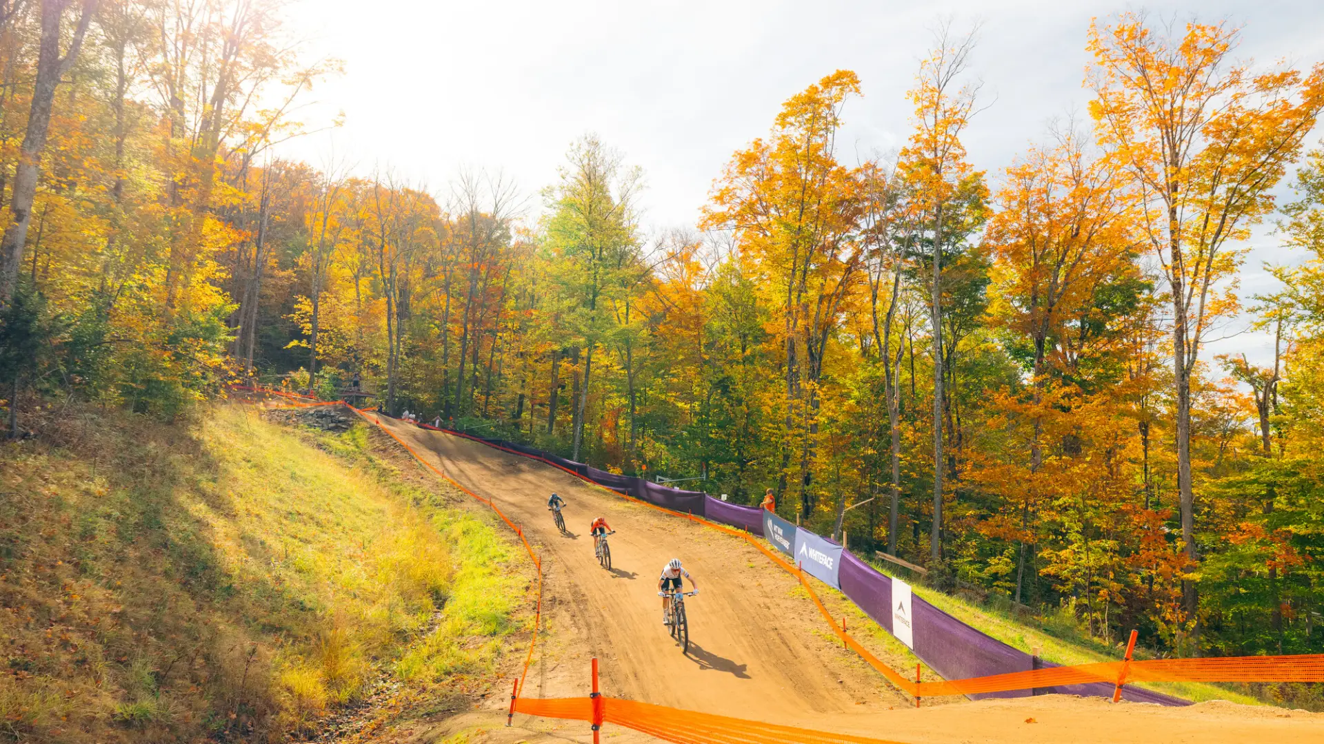 A group of mountain bikers riding down a trail.