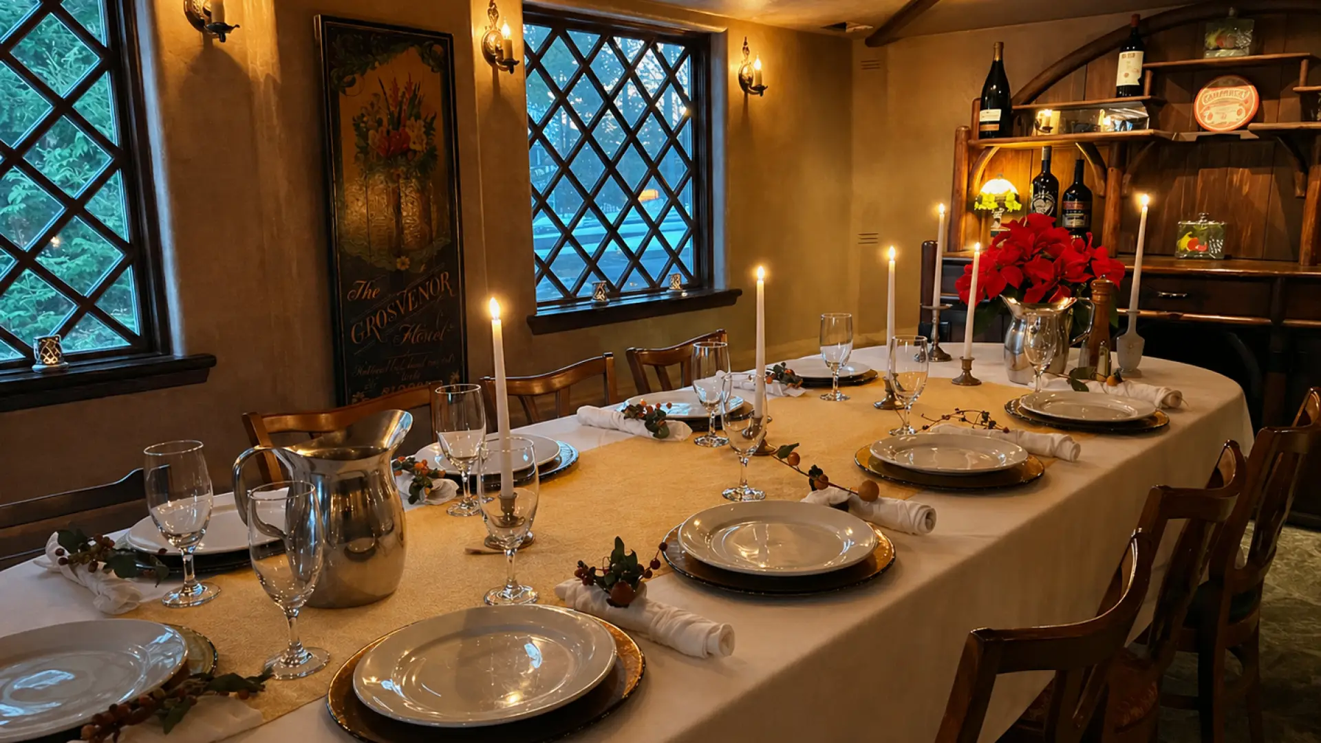 The place settings in the private dining room with lit candles.