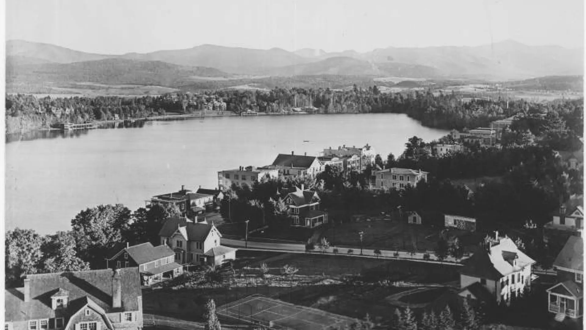 Vintage aerial photo of Lake Placid and Mirror Lake, circa 1926. Image courtesy Lake Placid Public Library.