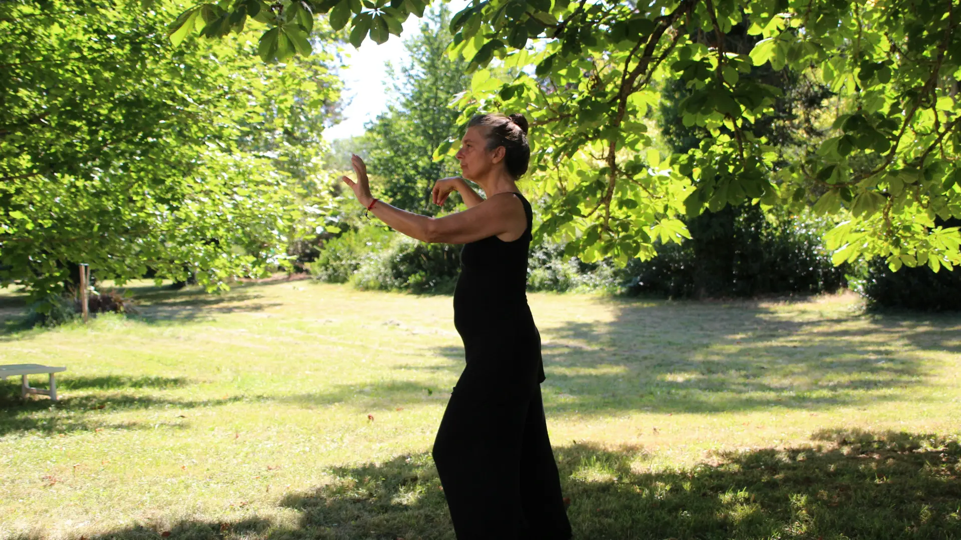 Woman in black jumpsuit doing Tai Chi outdoors on grass under green tree