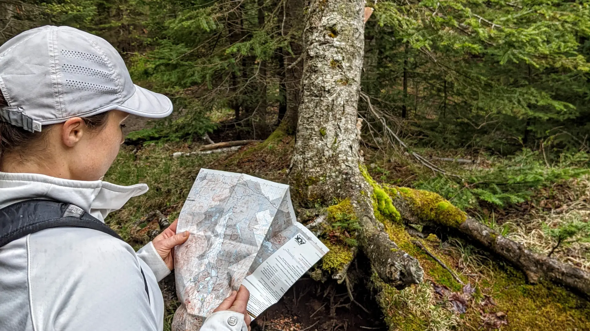A woman reads a map on a trail.