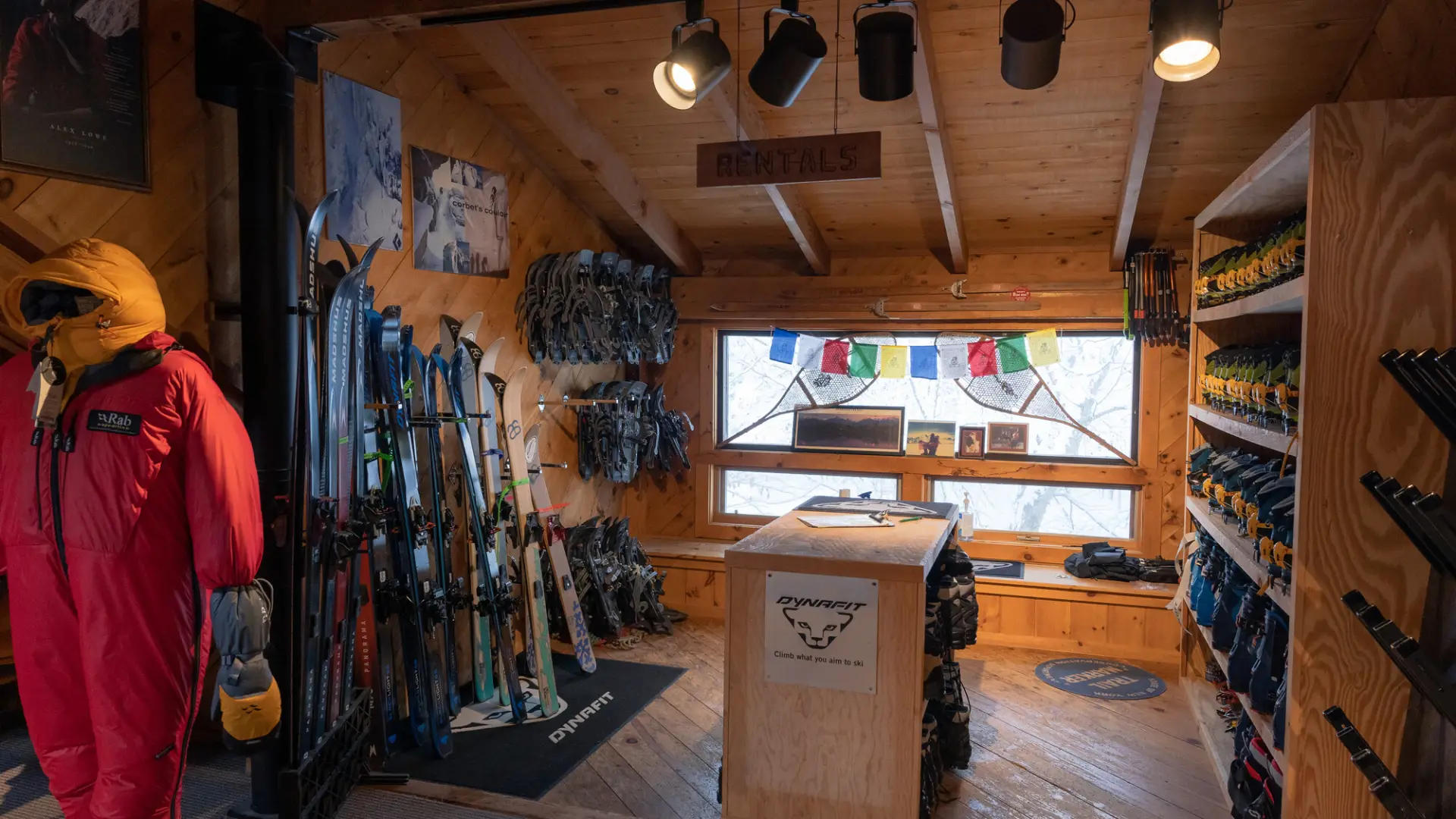 A space for ski and snowshoe rentals in a gear shop