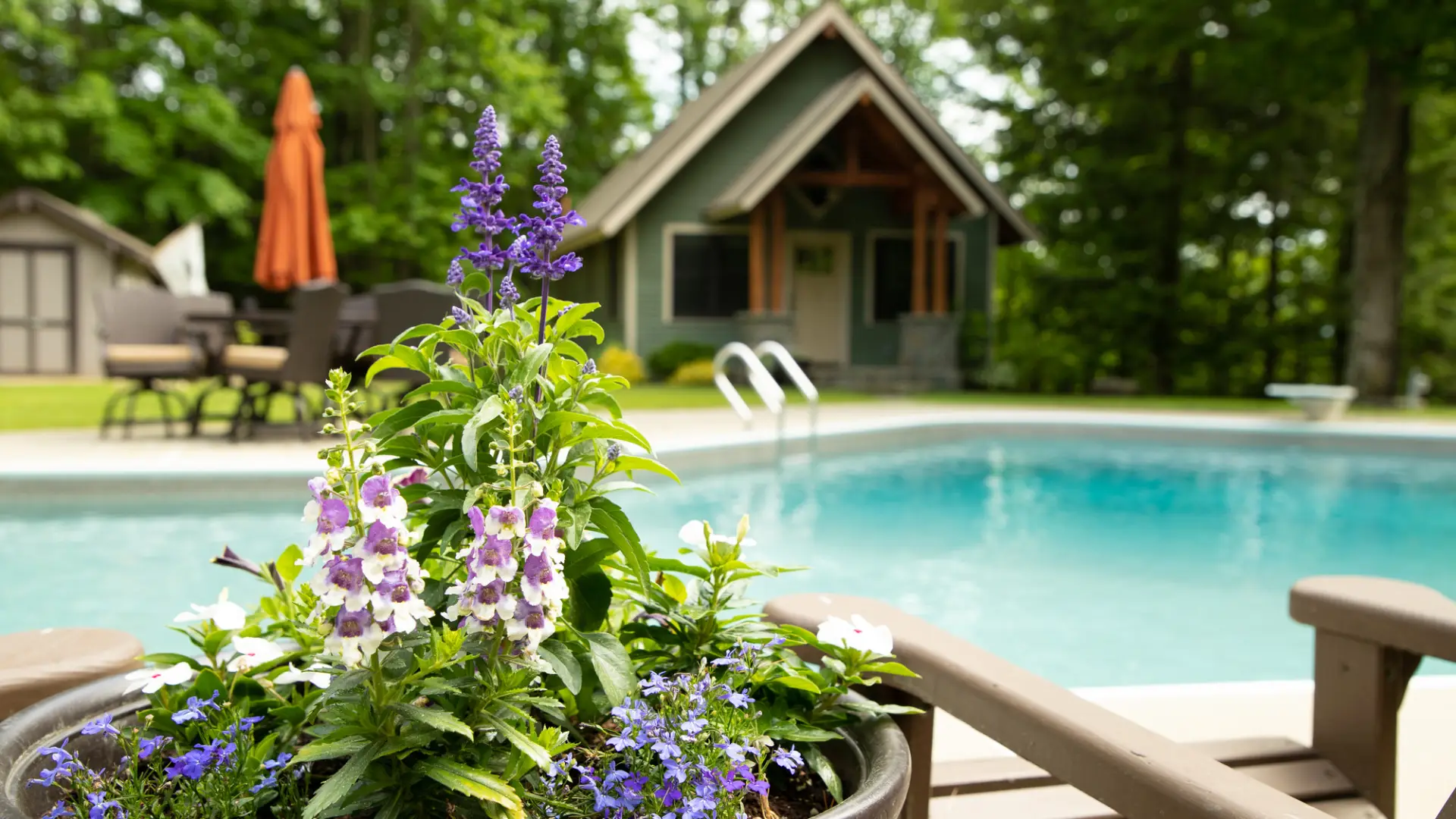 A pool with a cabin in the background.