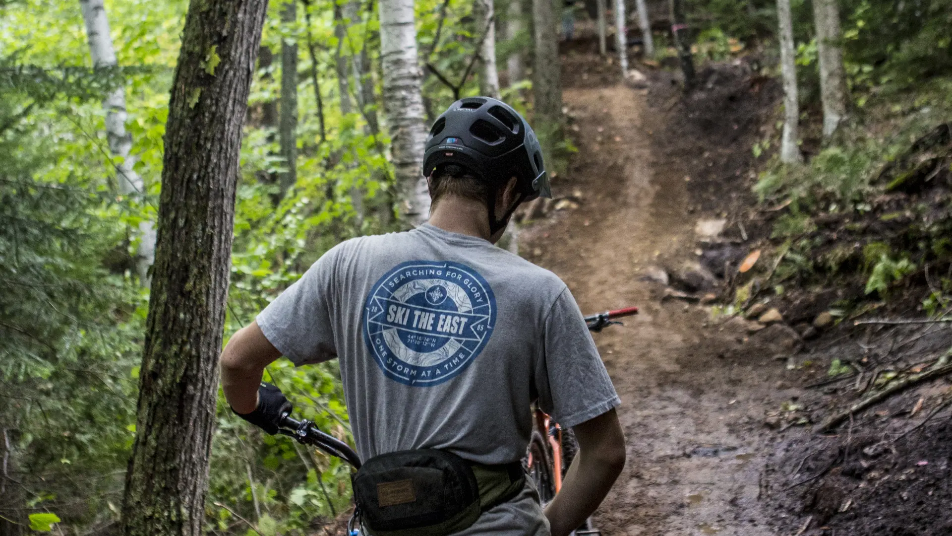 A mountain biker prepares to head up a wooded trail.