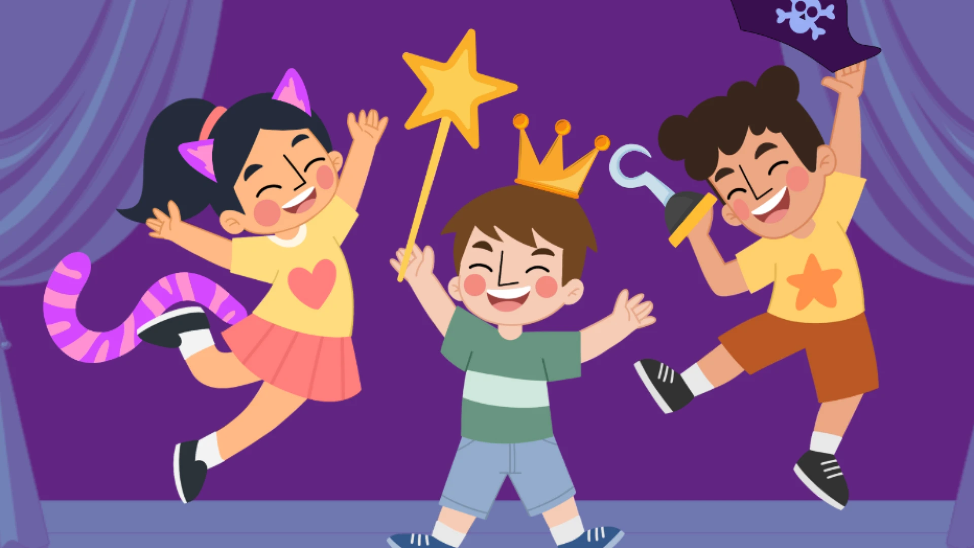 Three children dressed in costumes leap joyfully on a stage. One is a cat, one is a king, and one is a pirate.