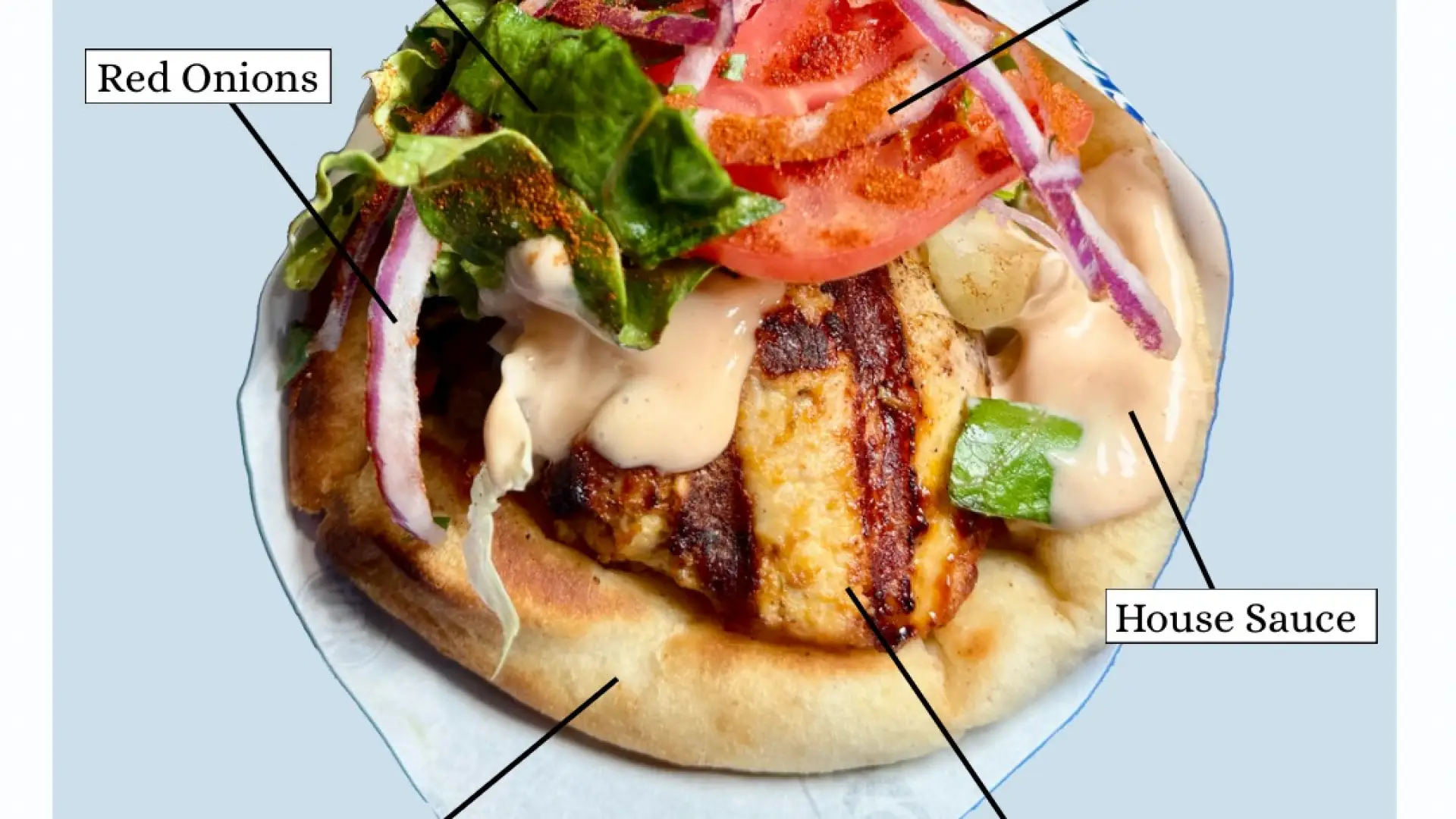 Chicken Souvlaki with house sauce, tomatoes, romaine and red onion wrapped in warm pita bread