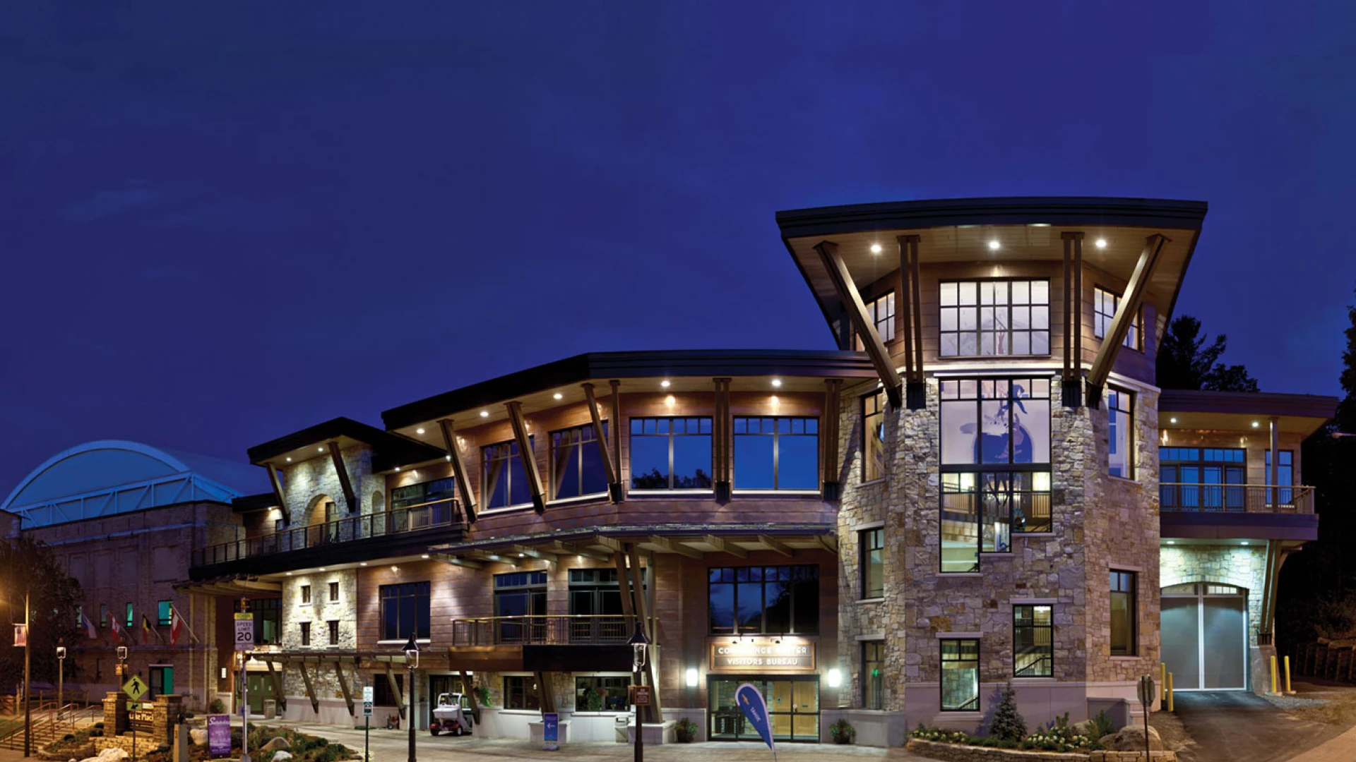 Conference center at night.