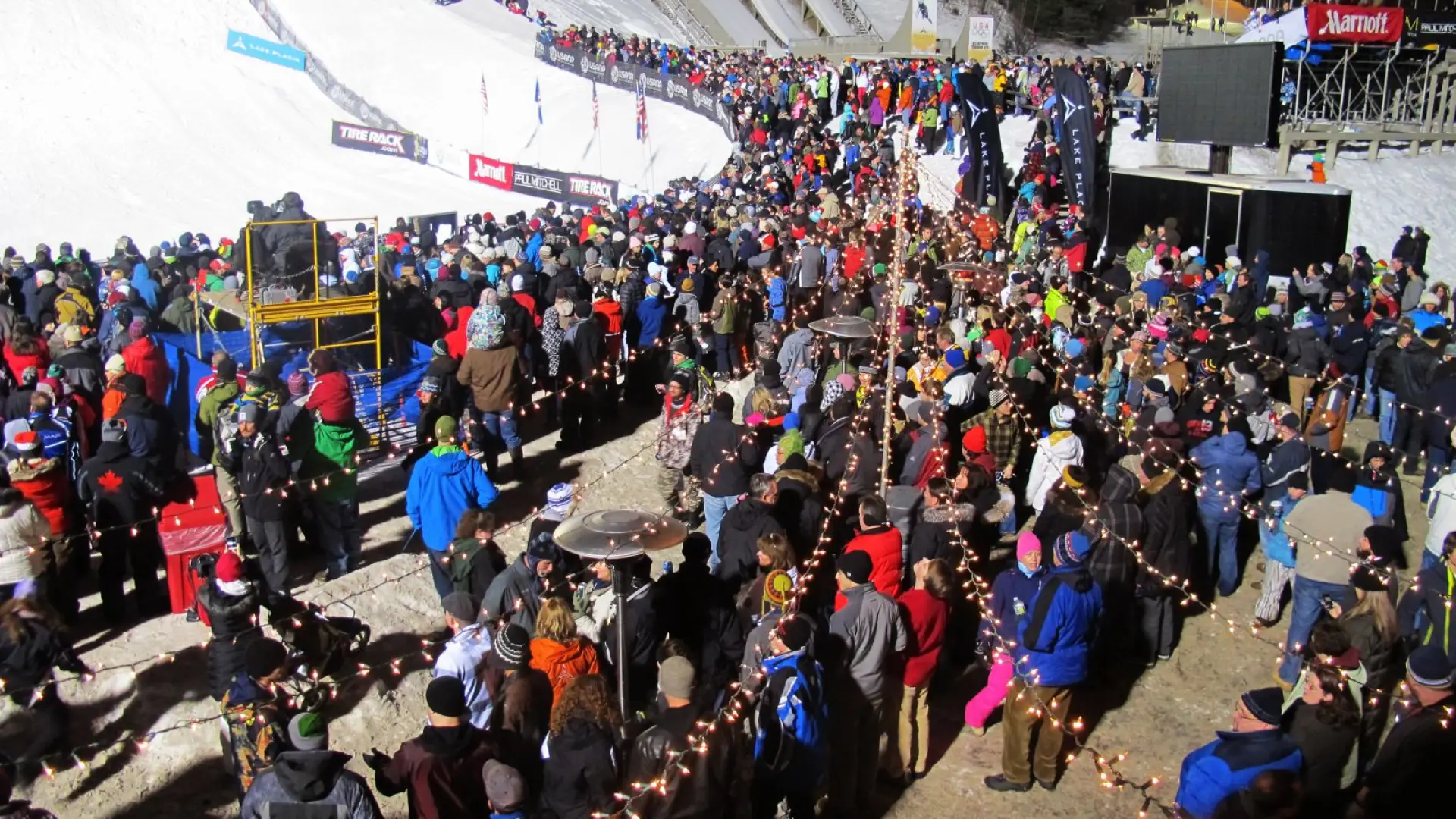 Huge crowds fill the stadium at the World Cup Aerials each year.