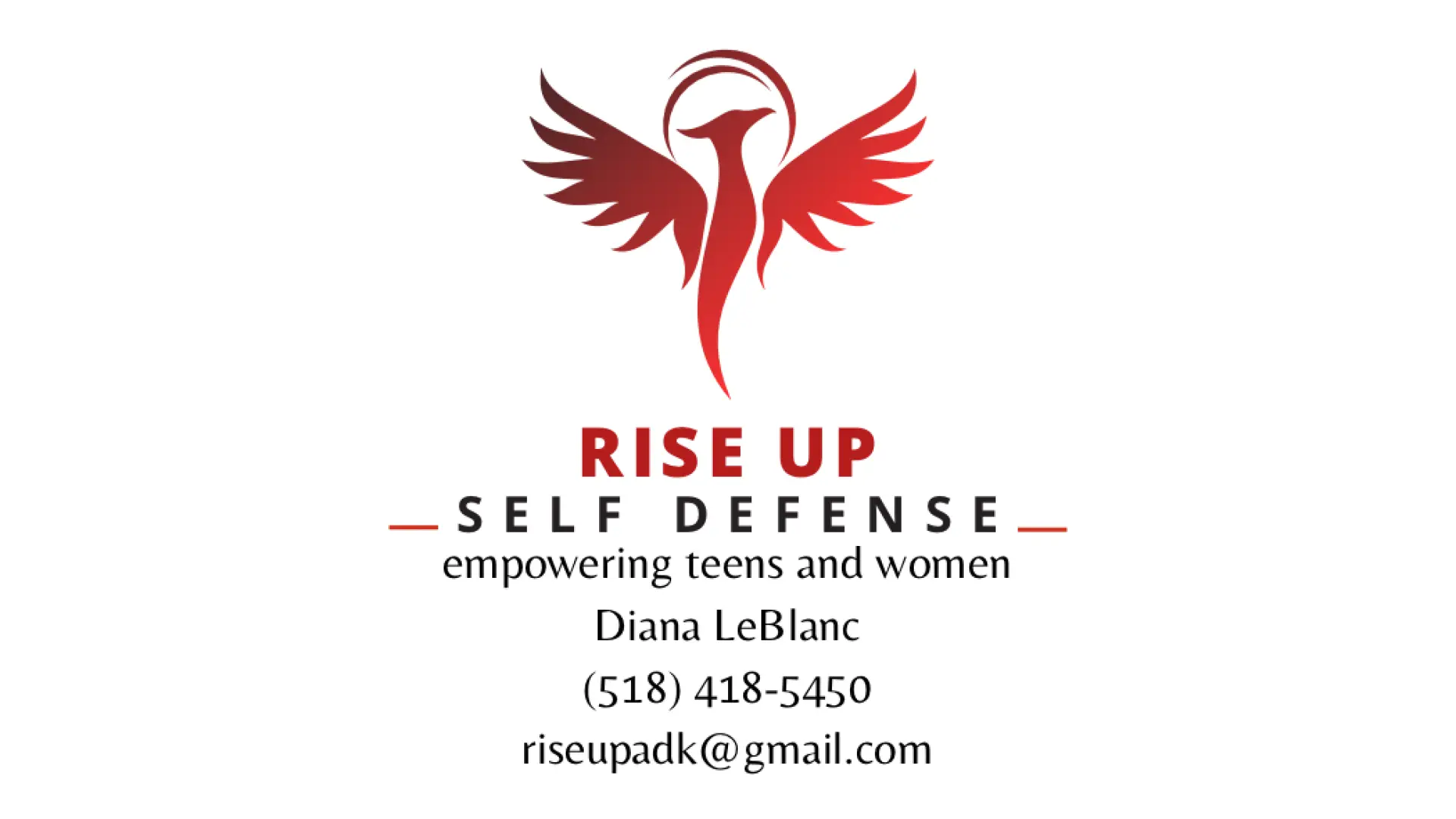 Rise Up Self Defense logo: a red phoenix with the business name and contact information.