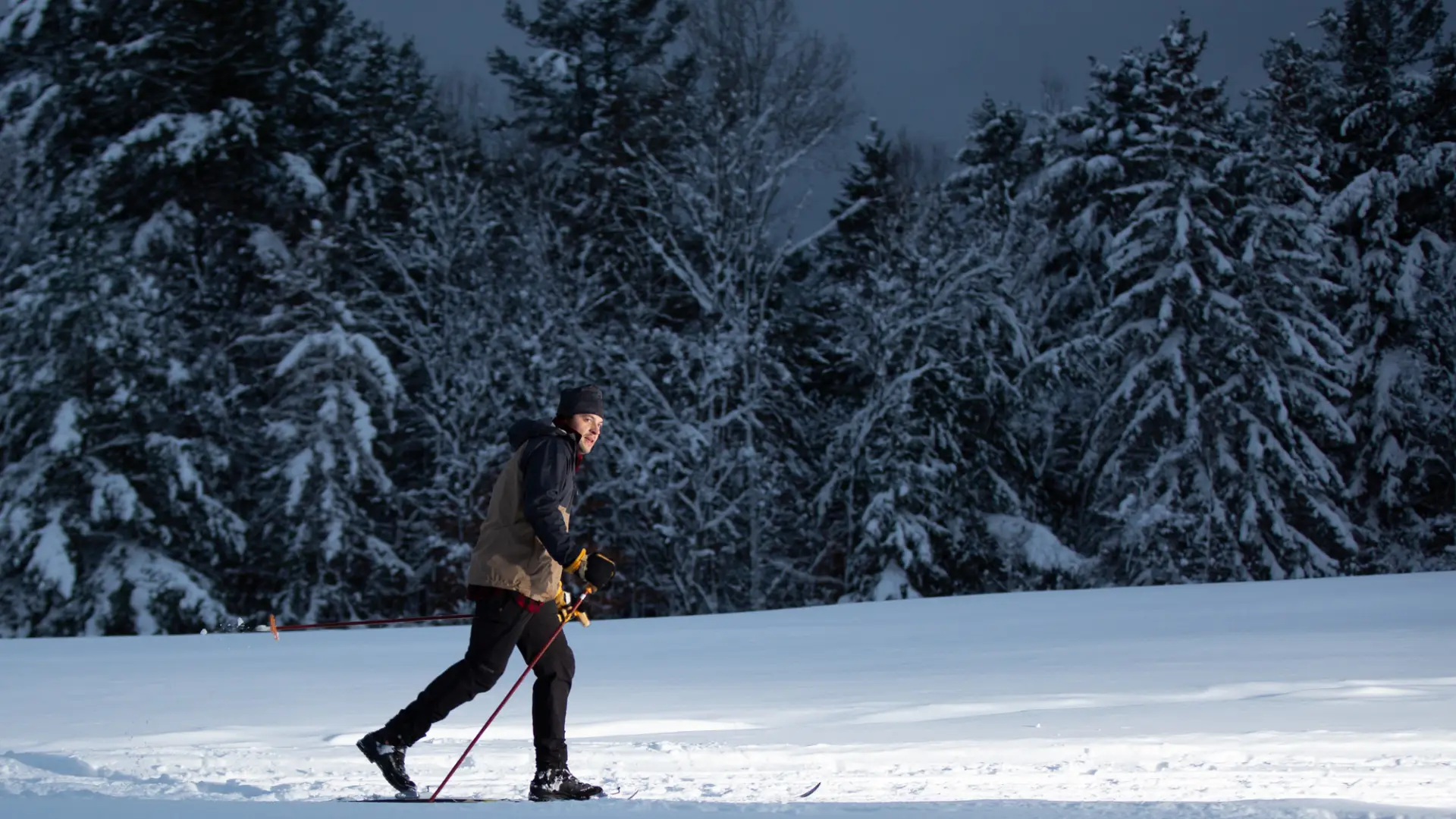 Man in cross-country ski gear skis across open snow-covered filed with snow-covered pine trees behind him at night