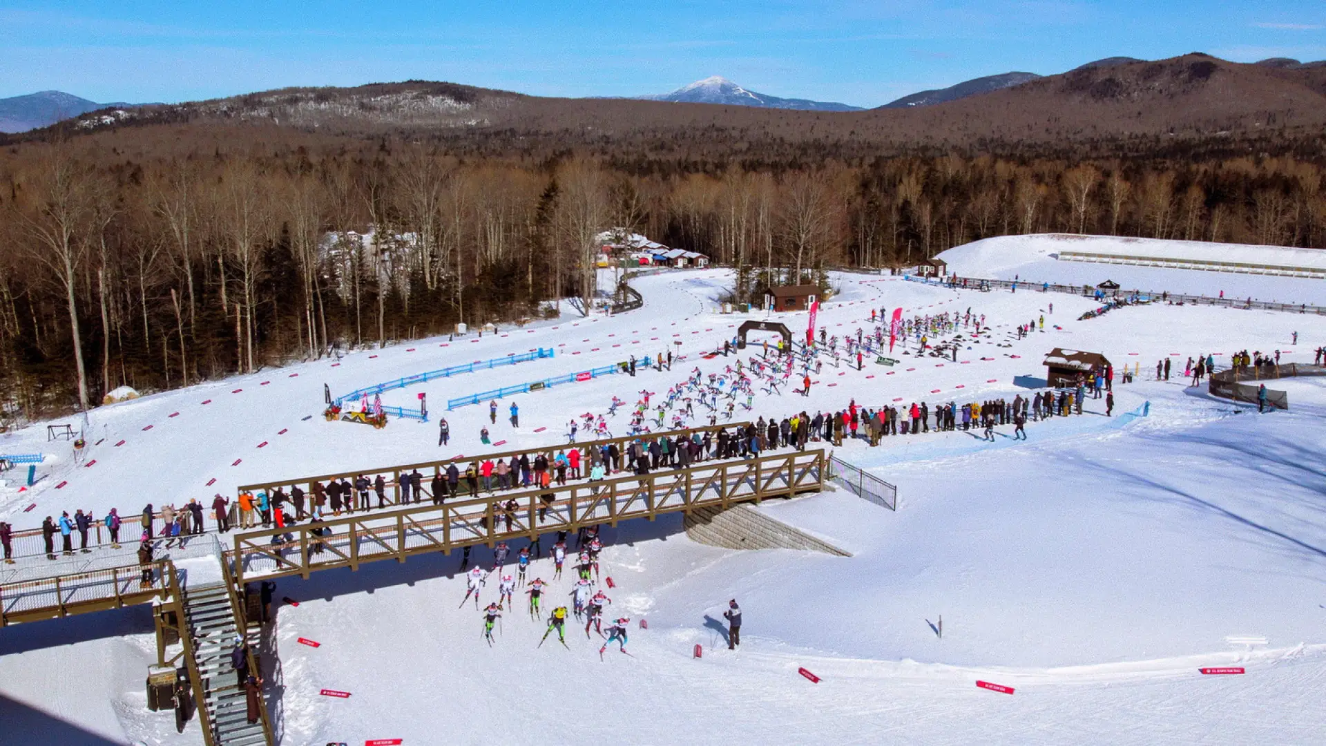 The image shows a snowy landscape with numerous skiers participating in a race. 