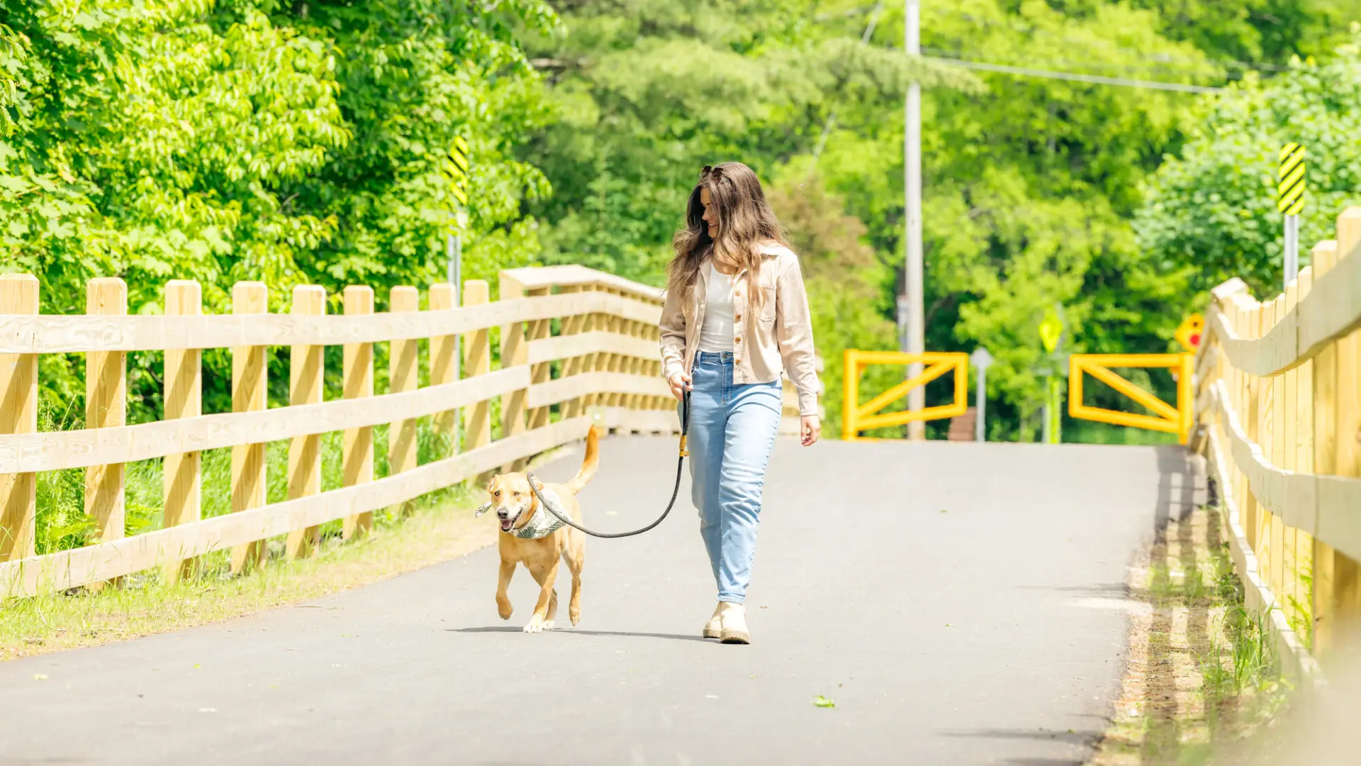 A woman walks her dog on the Adirondack Rail Trail.