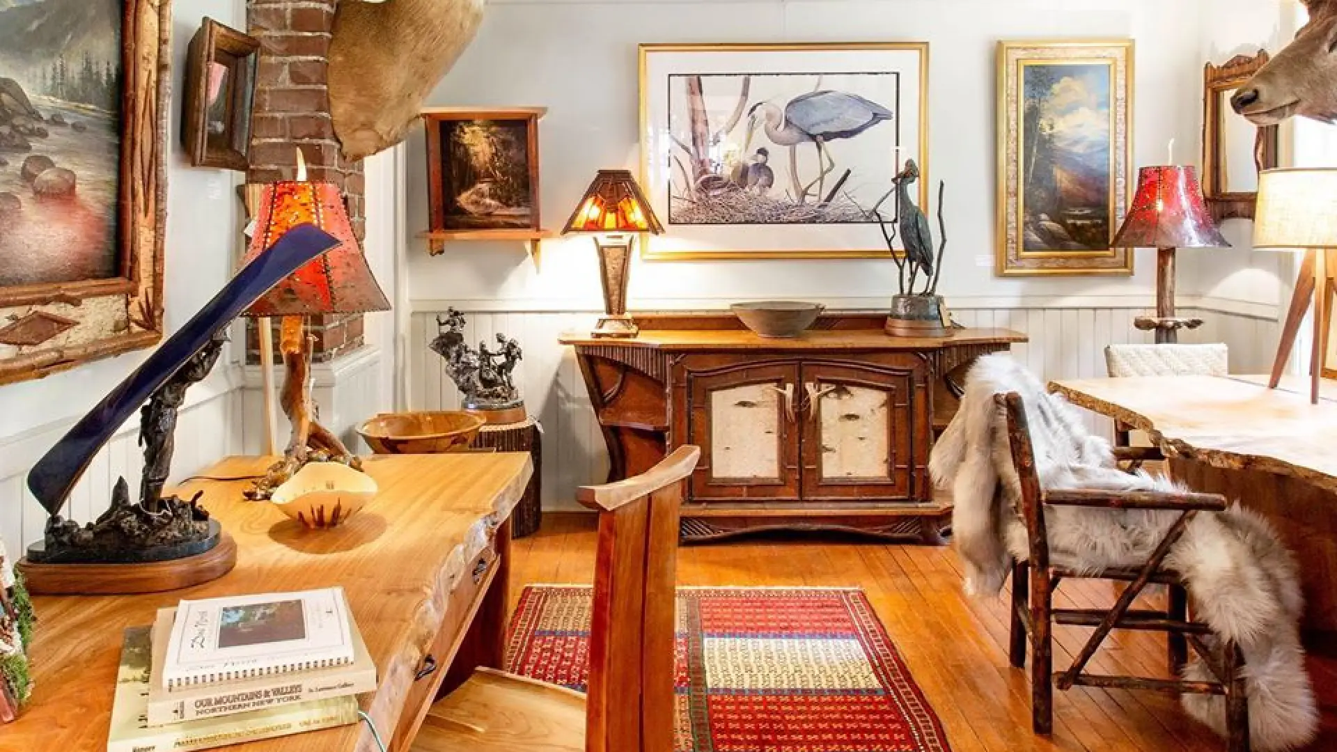 The inside of a rustic furniture store in Lake Placid.