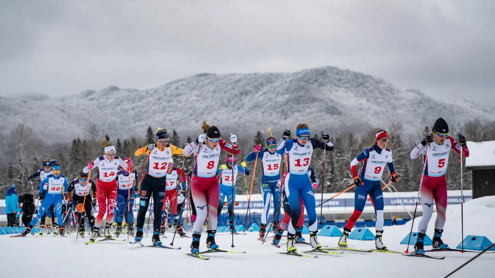 A group of competitive cross-country skiers race across a snowy course against a backdrop of frost-covered mountains.