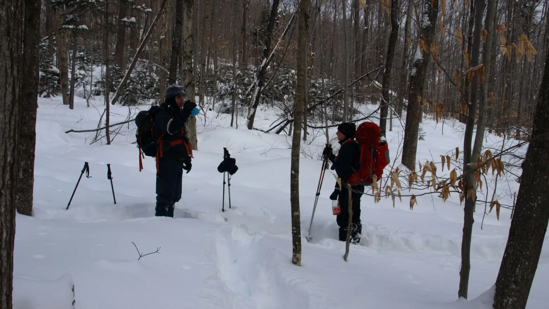 A quick break and grabbing some fluids on a demanding part of the hike