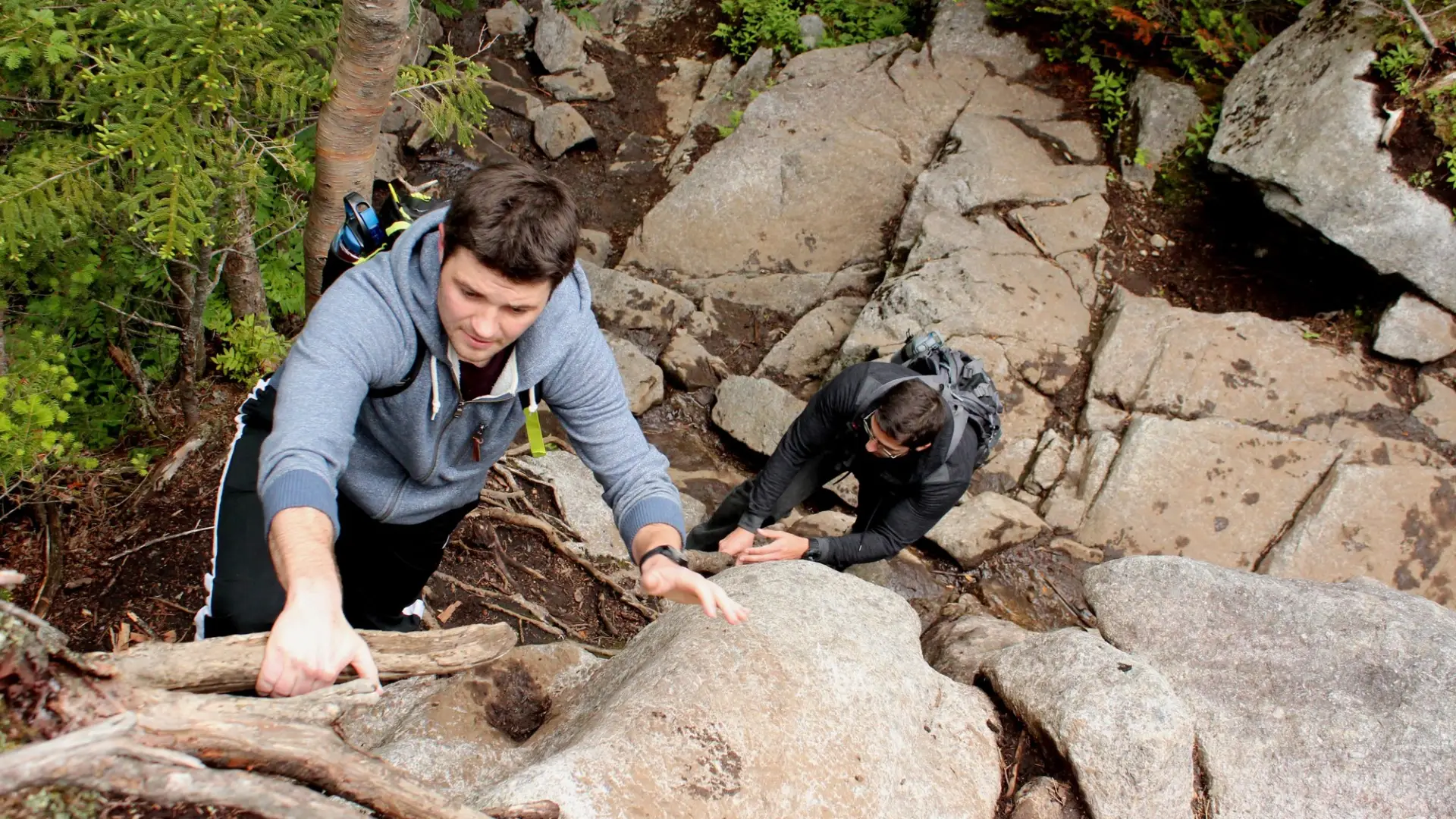 Rock climbing on the way to the summit of Algonquin.