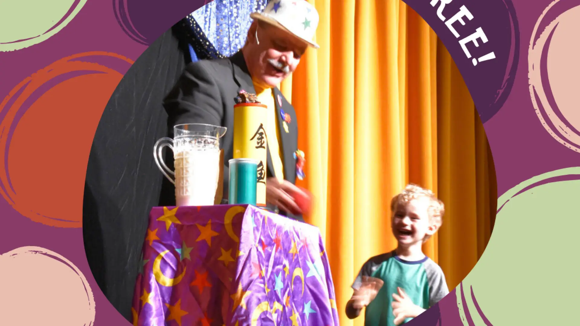 Young & Fun event graphic for Arts Center Lake Placid with Tim Dumas features photo of man doing magic for child on stage