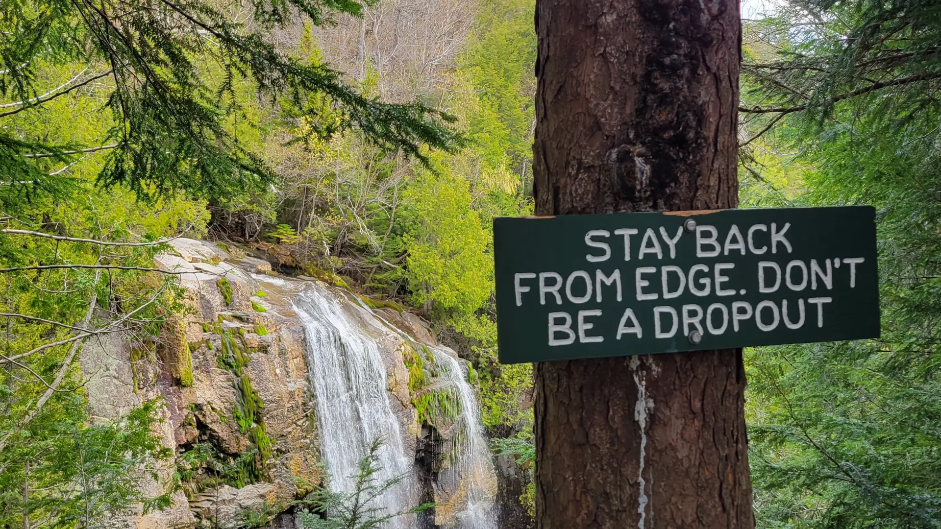 A sign that says "Stay back from edge, don't be a drop out" in front of a waterfall