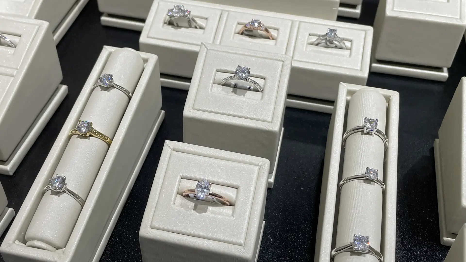 A variety of diamond engagement rings.