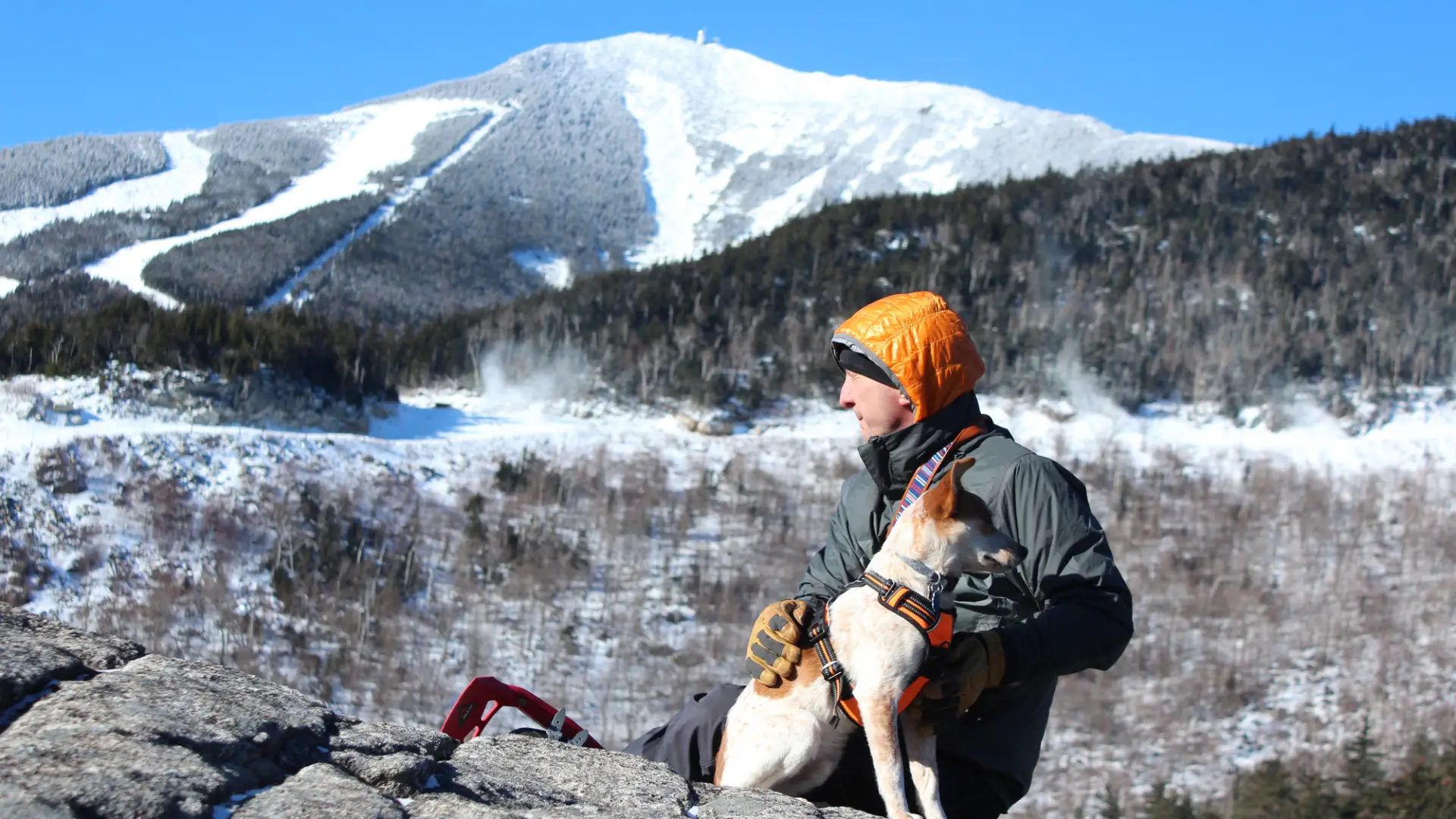 A man poses with a dog on Bear Den Mountain