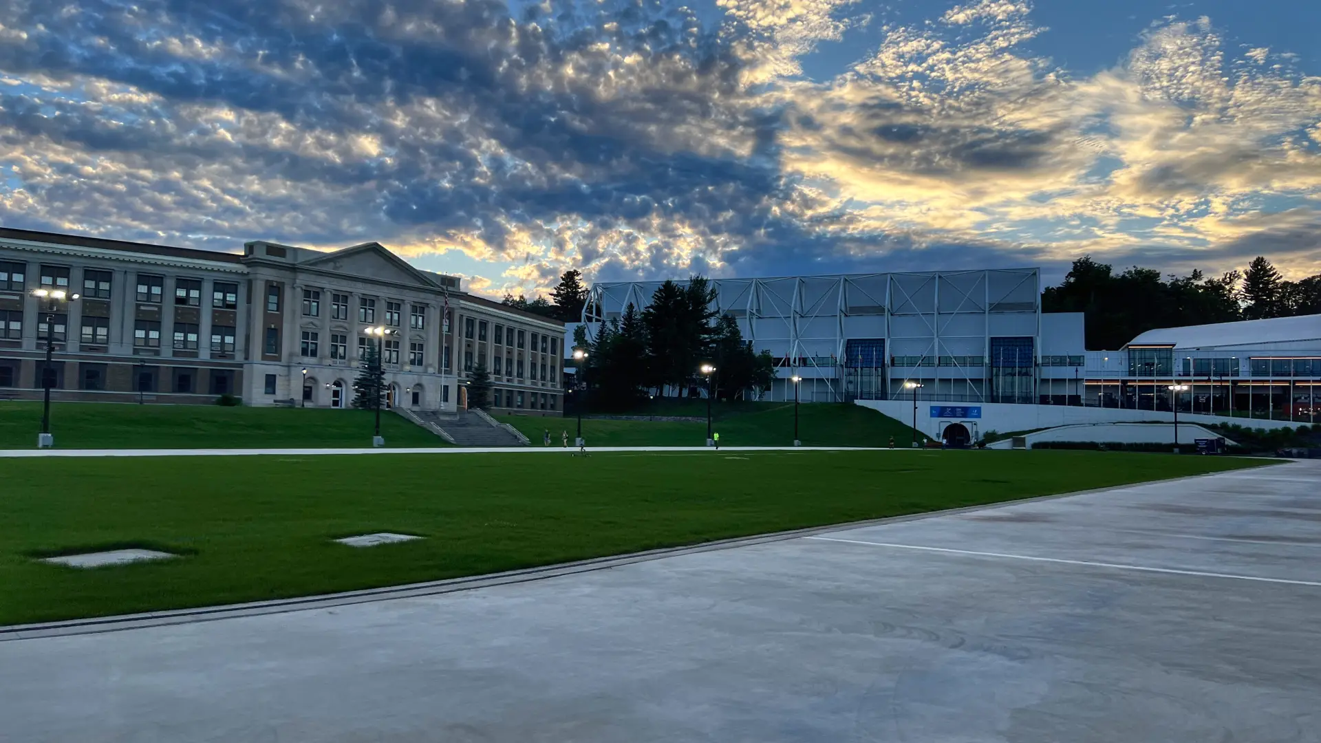 The Lake Placid High School and Olympic Center overlook the Olympic Speedskating Oval.
