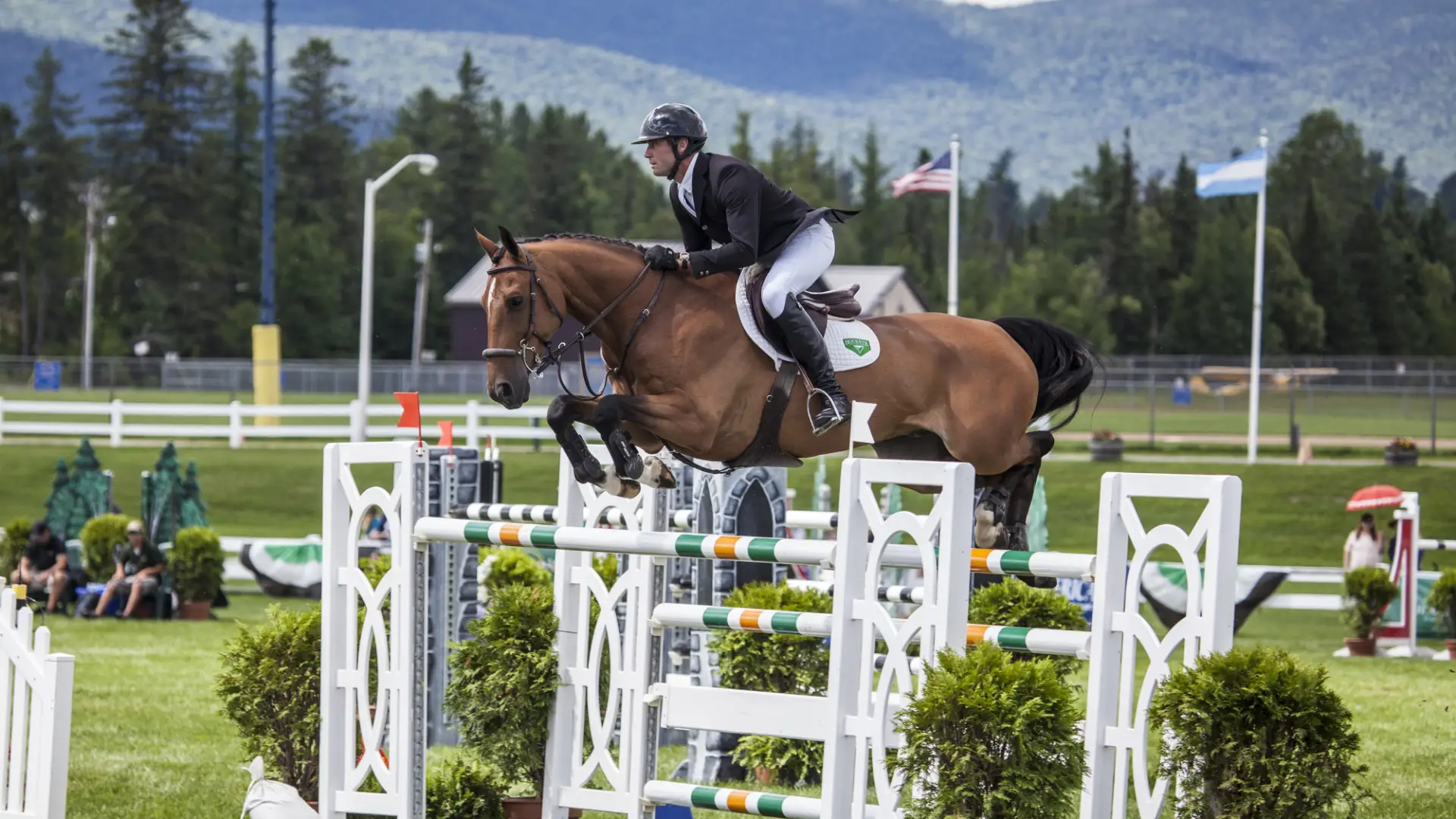 A horse jumps over a hurdle at the Lake Placid Horse Show grounds
