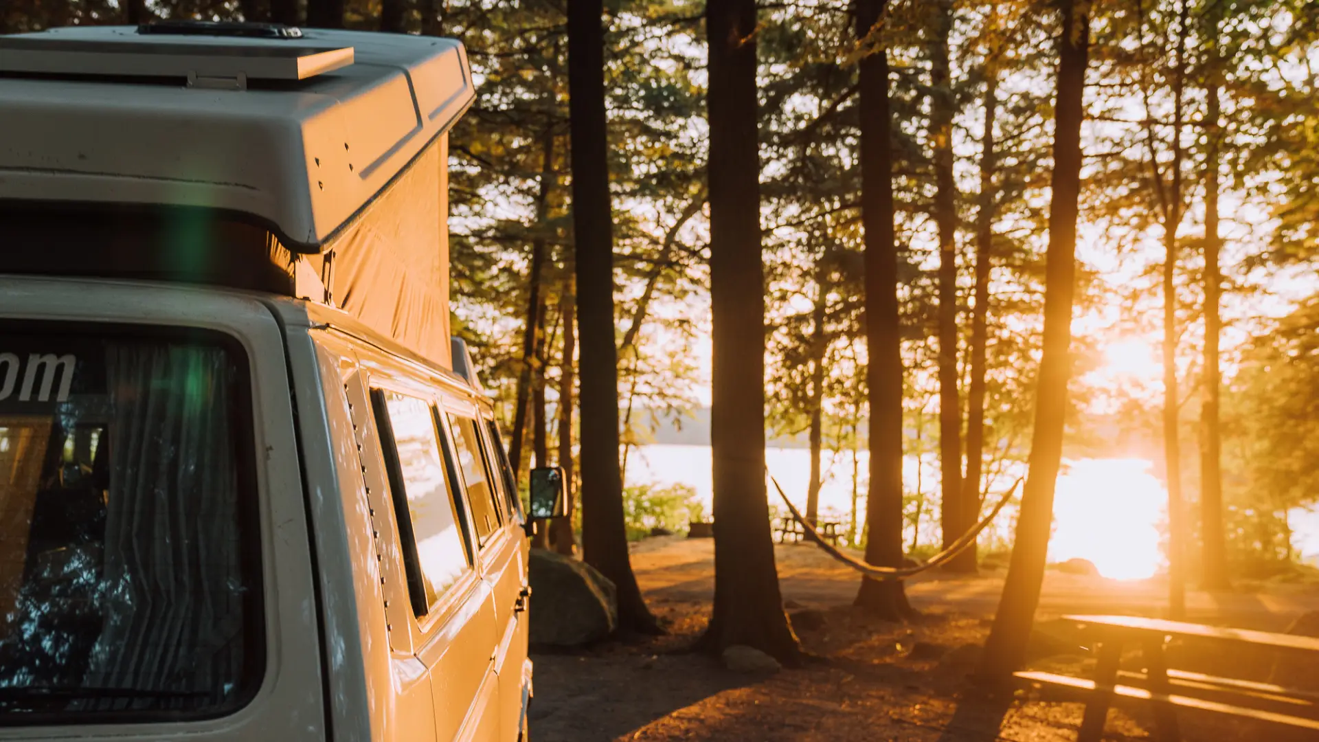 A camper van parked at a campground.