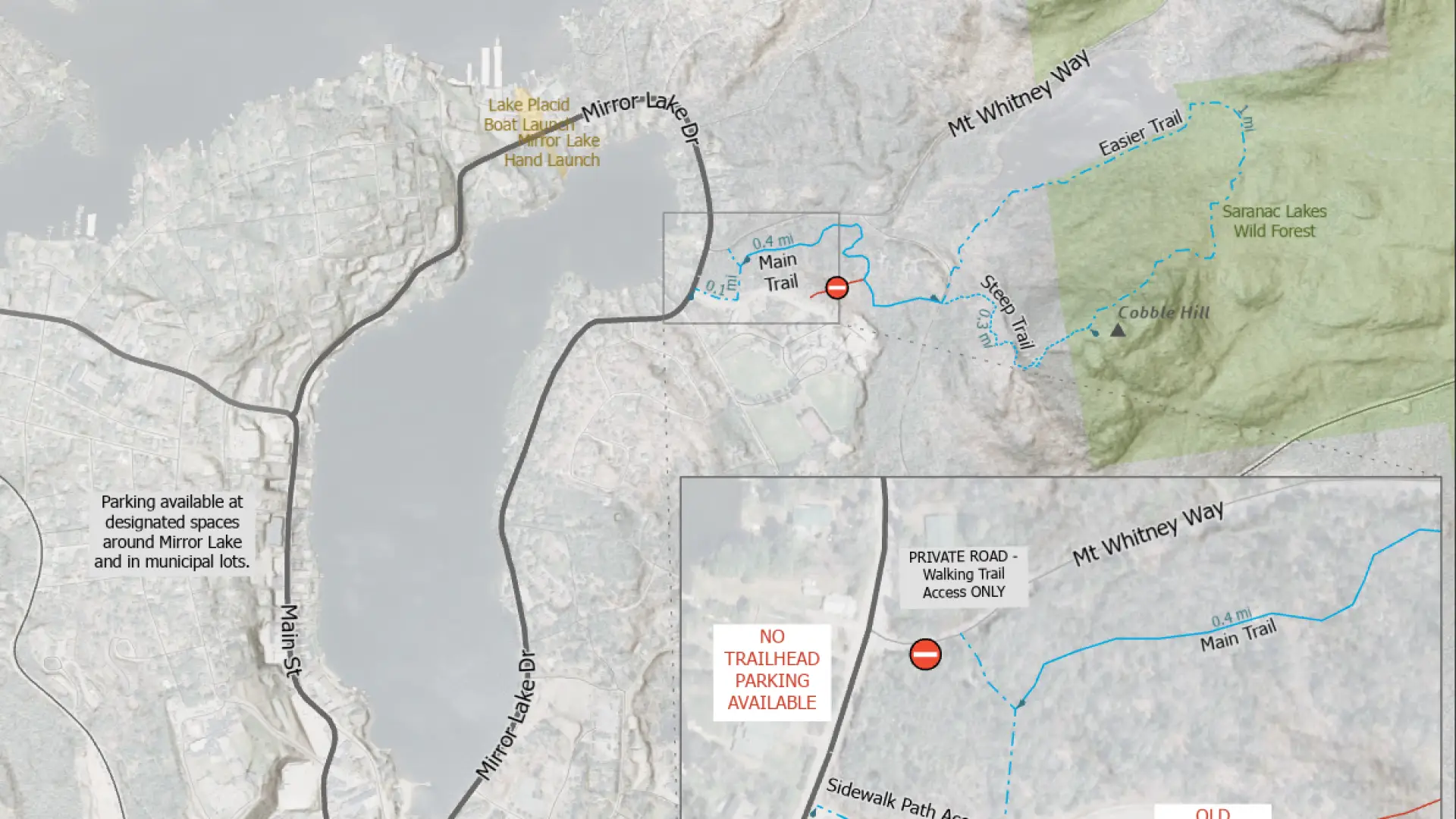 Map of Cobble Hill and where to park in Lake Placid.