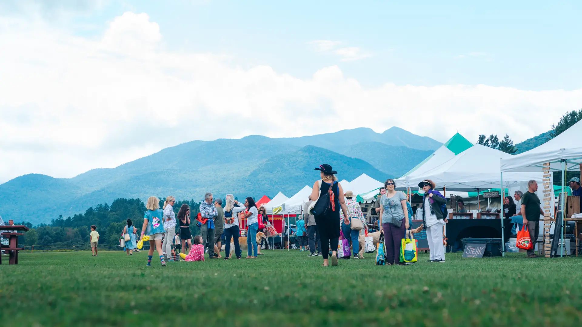 People browse white vendor tents at an outdoor market on a field, with mountains stretching across the horizon.