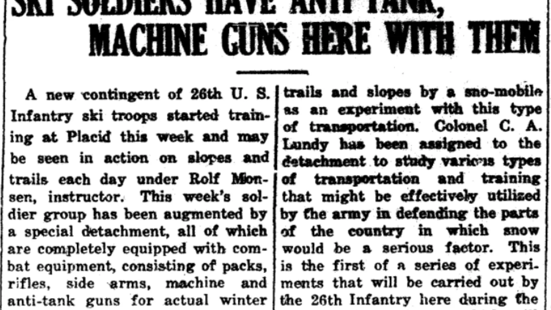 Lake Placid News article clipping titled "Ski Soldiers Have Anti-Tank, Machine Guns Here With Them"