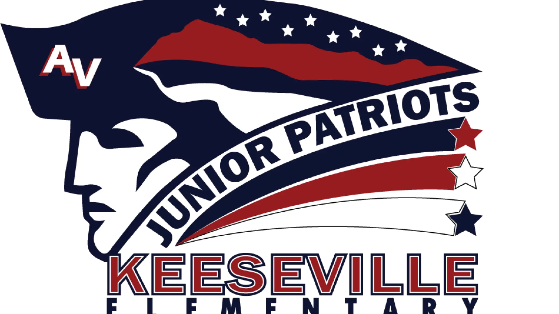 Junior Patriots profile view of a colonial man with red white and blue stars with banner trails behind.