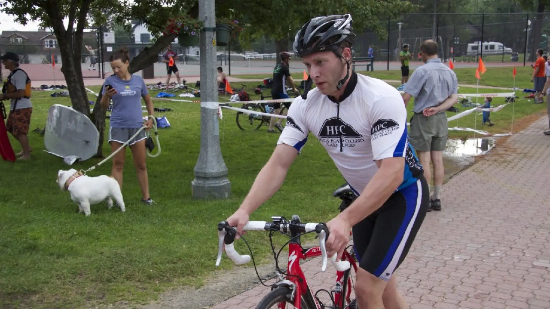 A participant transitioning from swim to bike