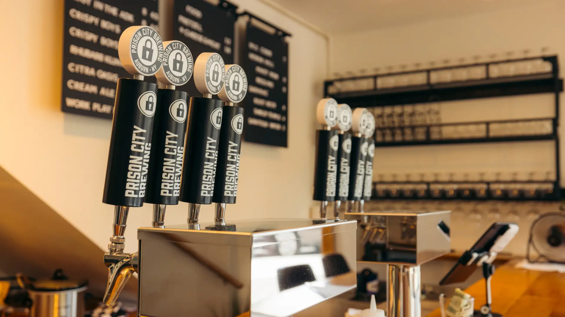 A variety of beer taps at a local Lake Placid brewery