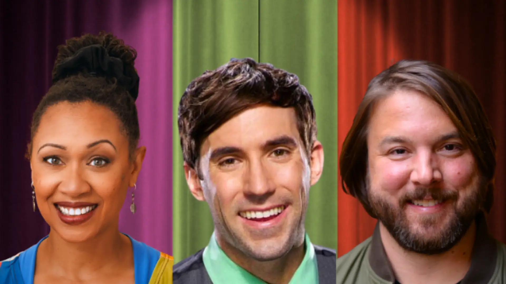 Headshots of three comedians in front of colorful theater curtains in a collage