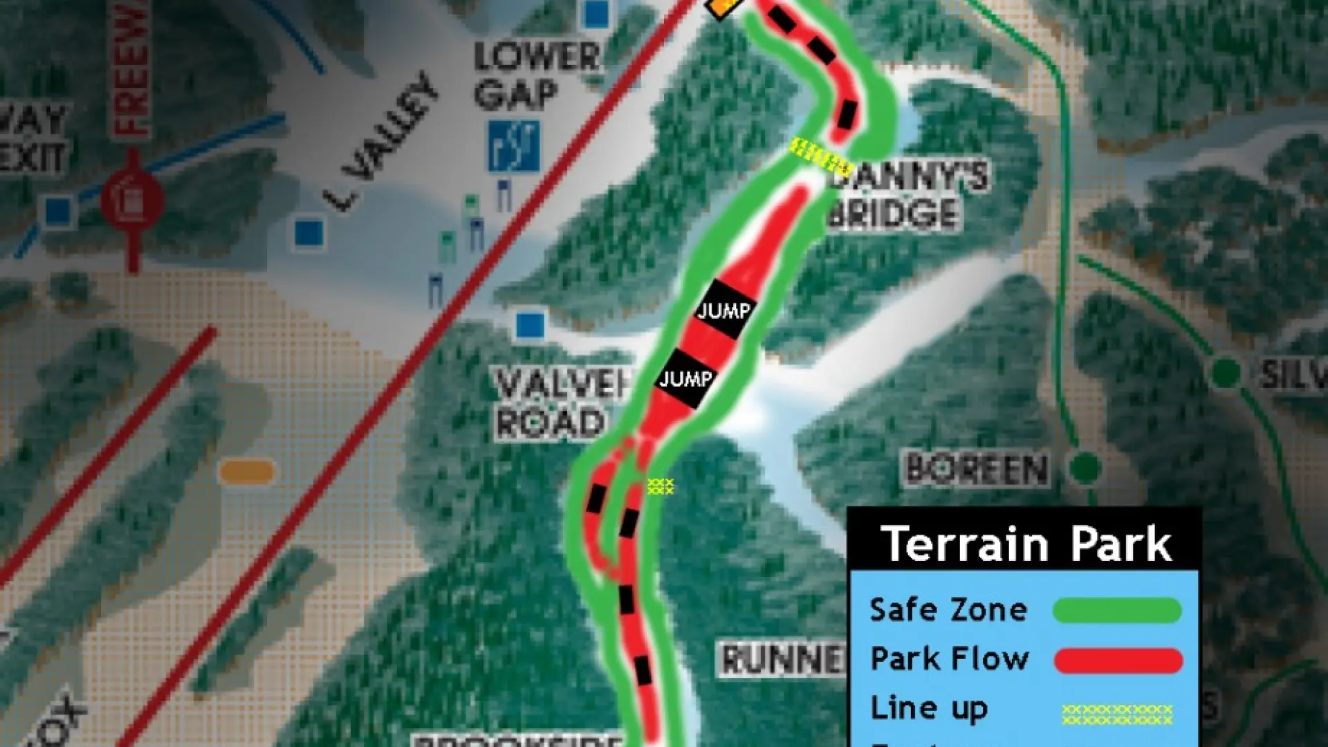 Terrainn Park example map, showing safe ski zones