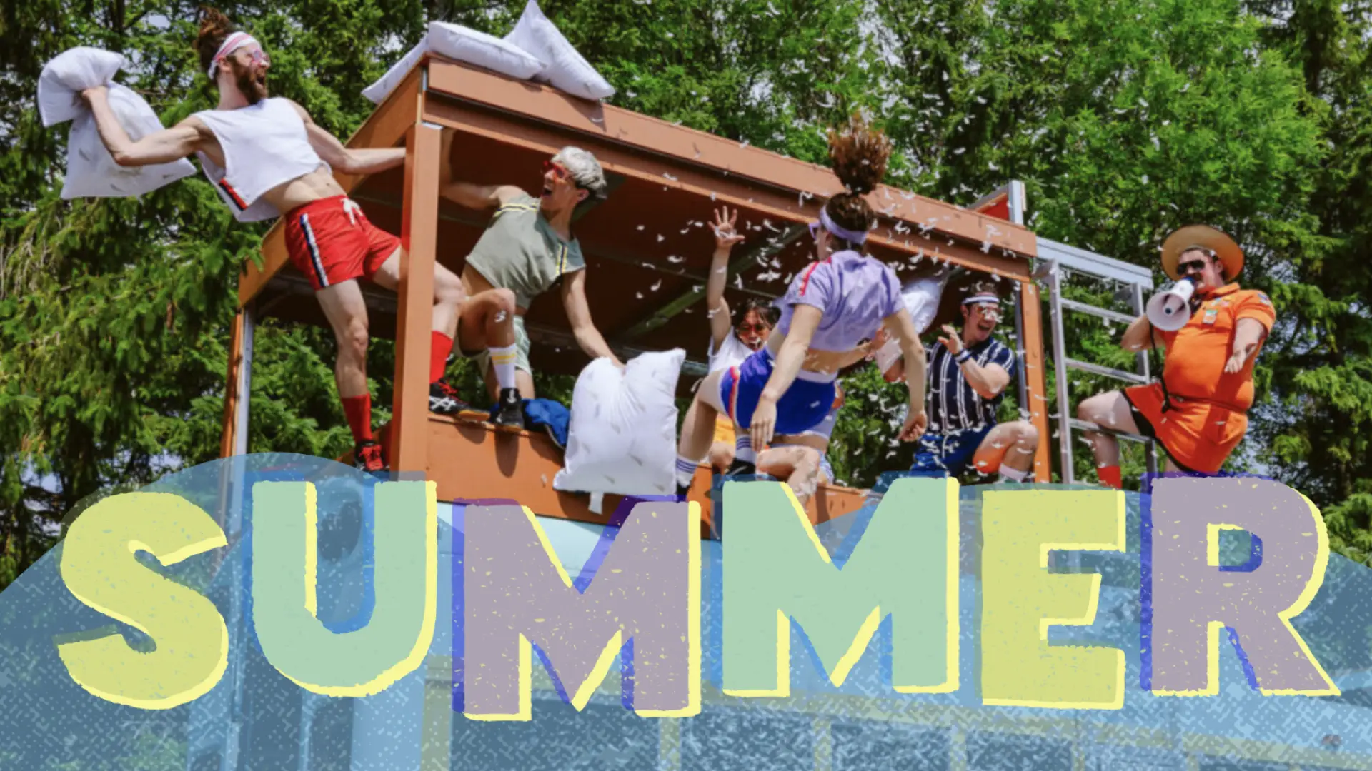 Circus performers in summer camp costumes leaning out of a structure with graphic letters spelling out summer in a banner across the bottom of the image