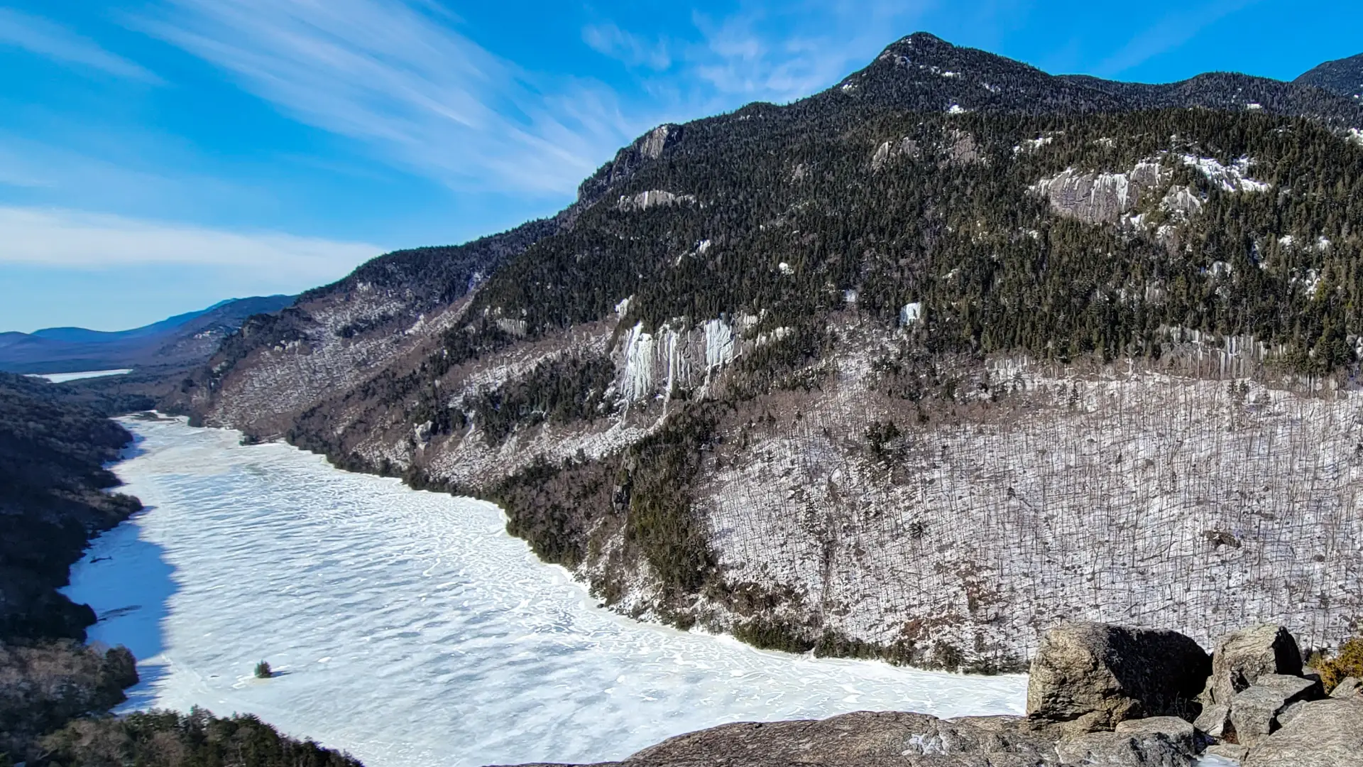 A frozen lake between two mountains