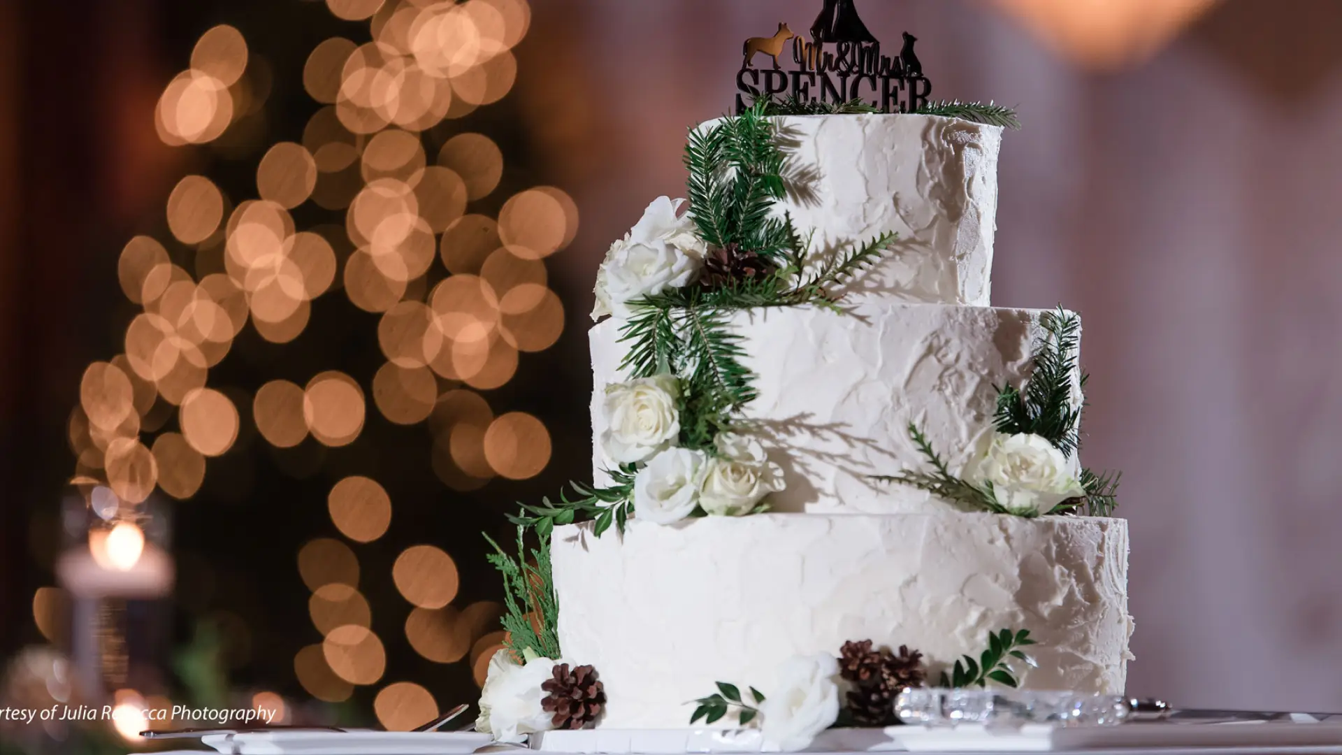 A forest-themed wedding cake. 
