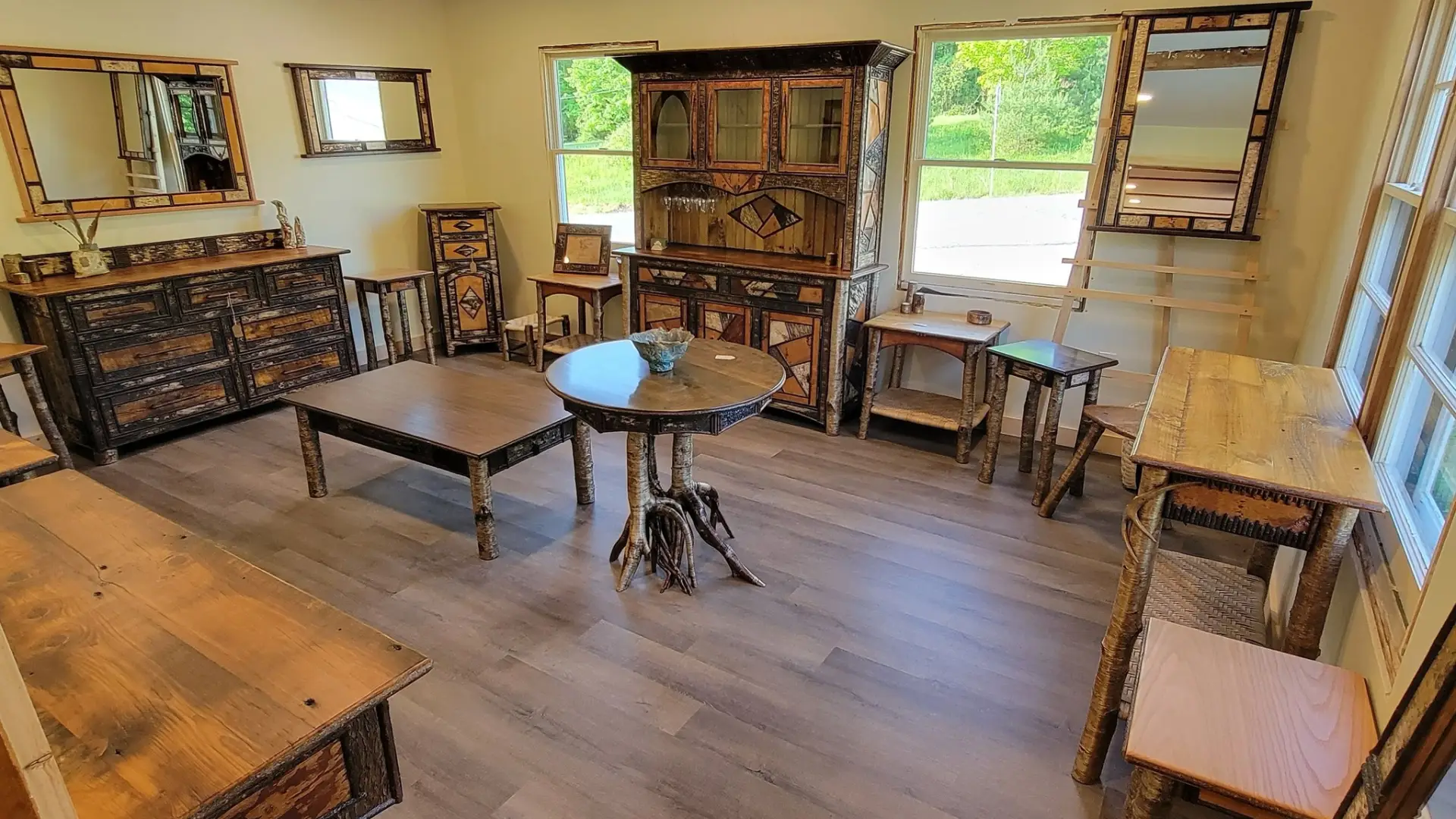 Full set of beautiful rustic bark adorned furniture