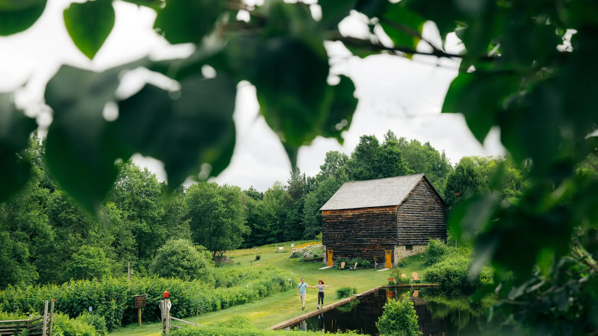 A couple walking through John Brown Farm in Lake Placid.