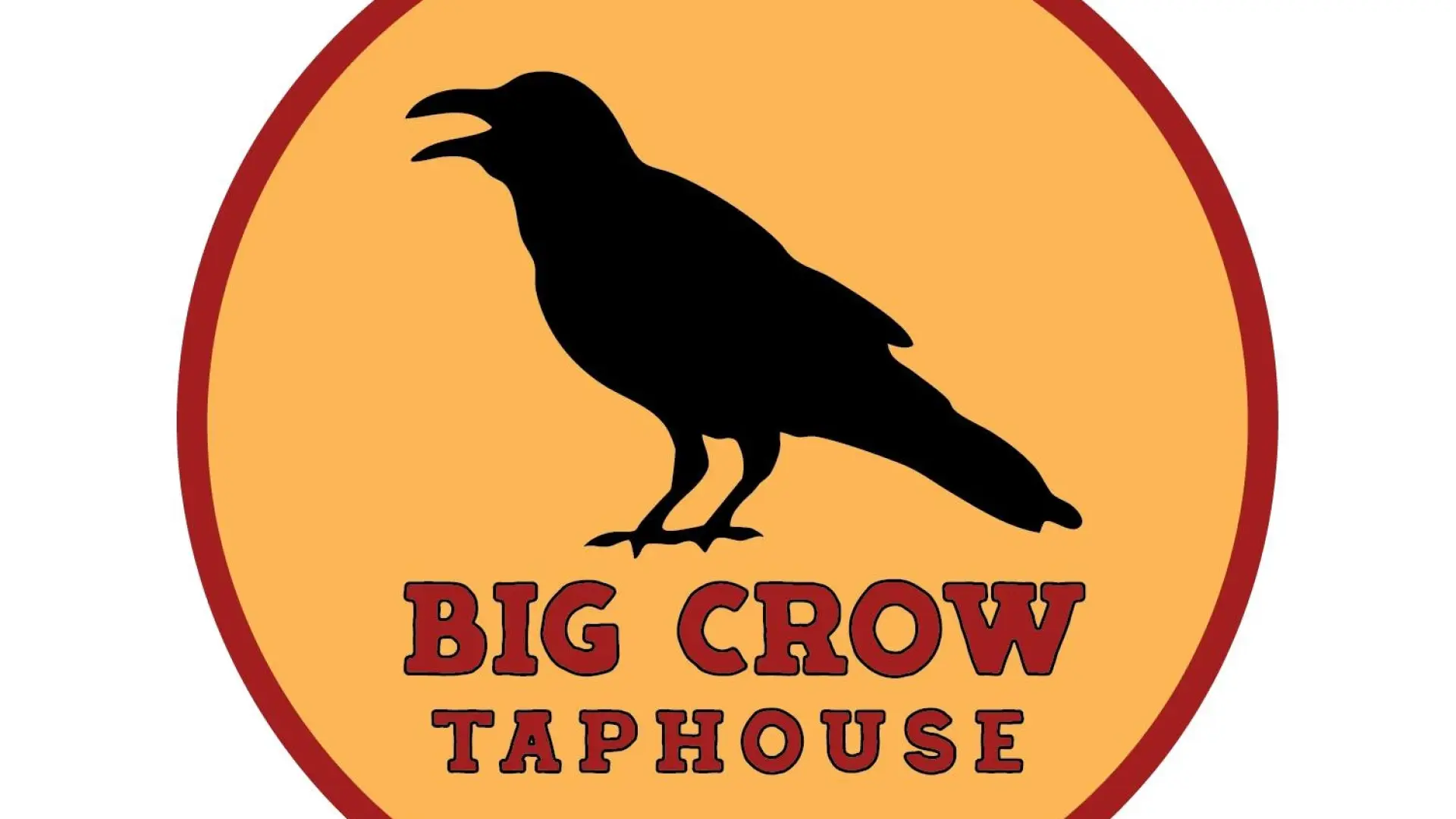 A golden circle badge with red lettering and boarder reading "Big Crow Taphouse" with a black profile of a crow.