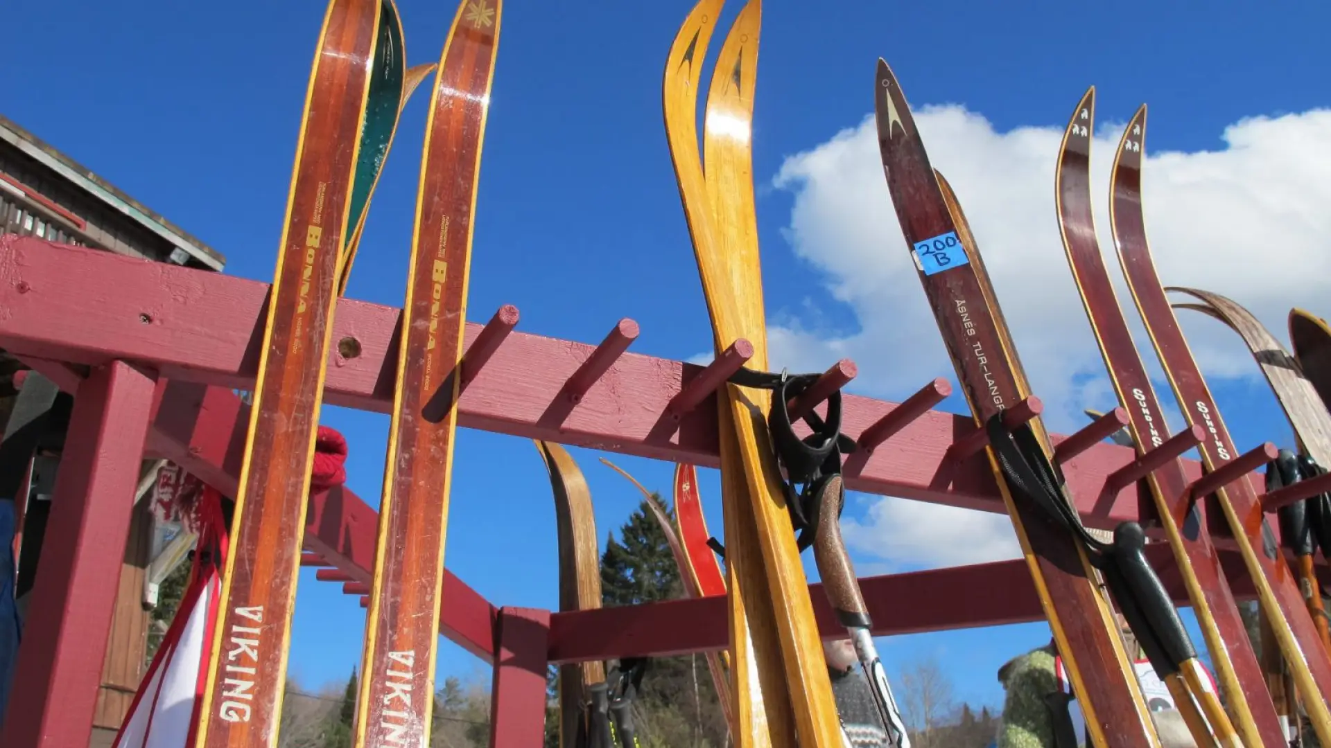 Classic wooden skis lined up at Cascade Ski Center's Wood 'n' Ski Rendezvous