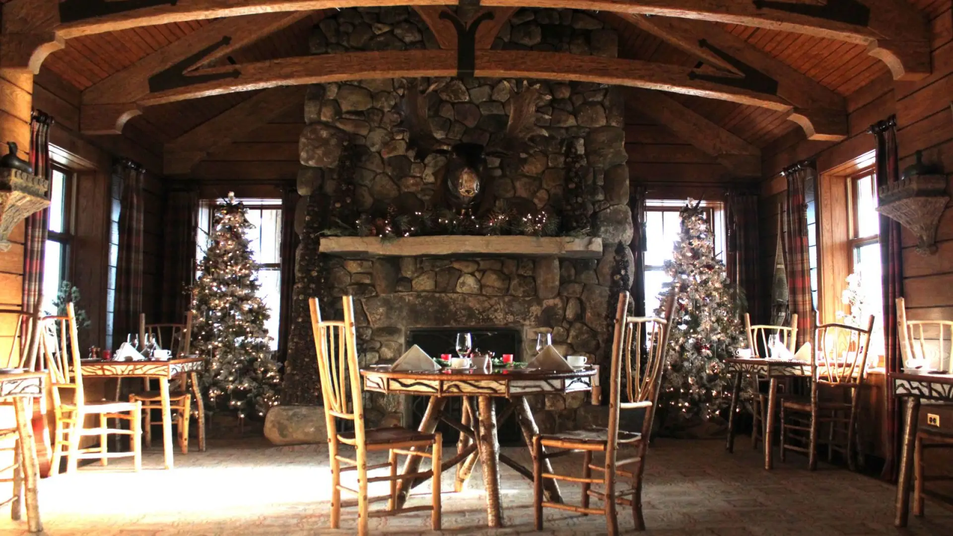 A moose bust oversees one of the most delightful dining rooms in the region.