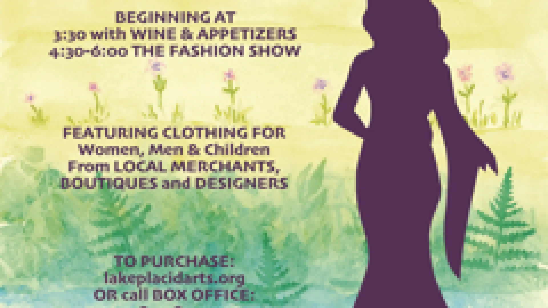 Four Seasons Fashion Show poster with rainbow gradient background with trees and silhouette of woman in evening gown along with event details