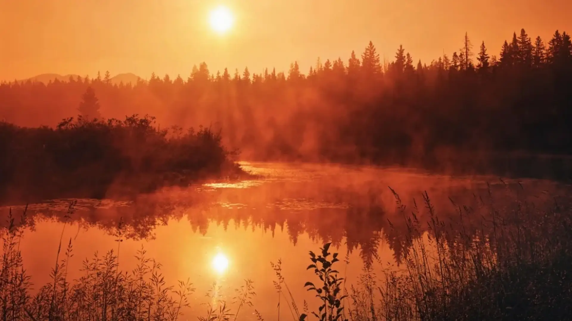 Sun low in sky over river with heavy orange haze
