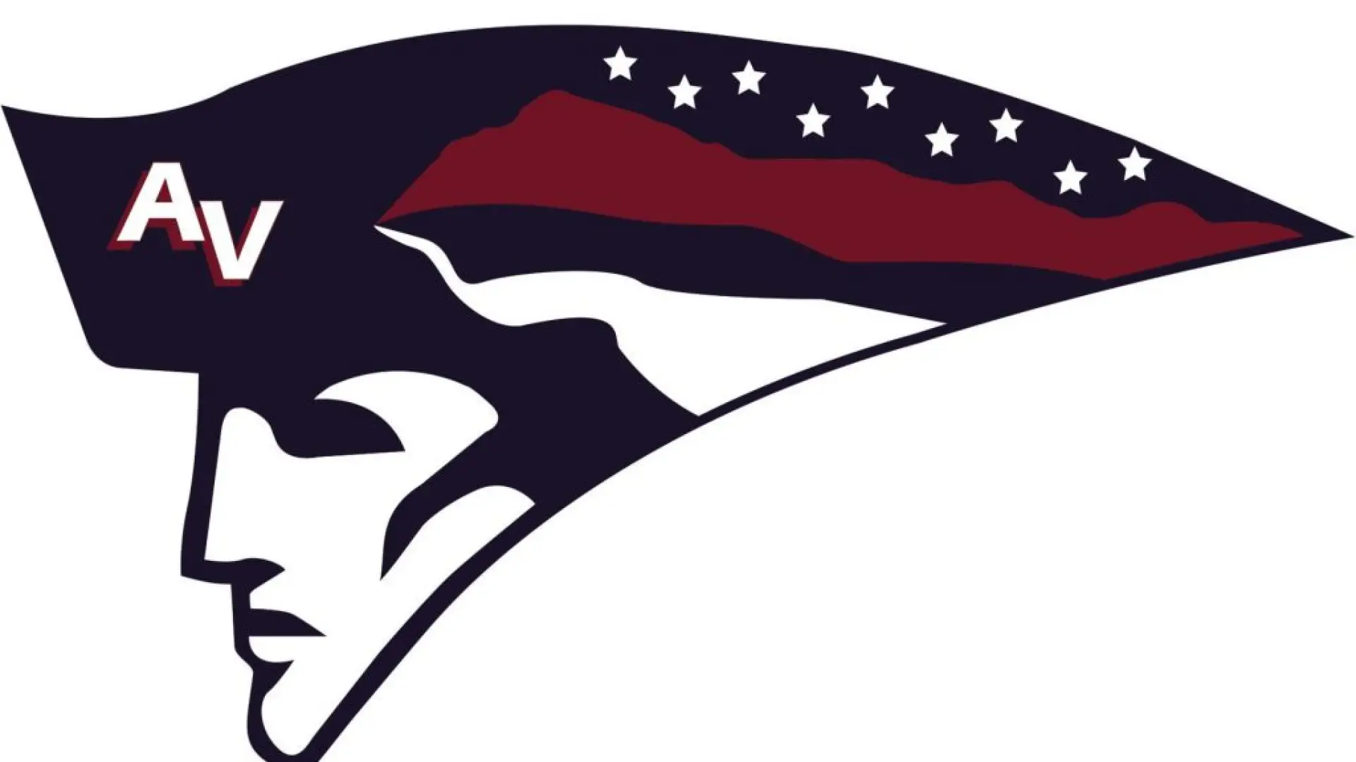 A profile of a man wearing a colonial hat with red, white and blue stripes with stars and the letters 'A' & 'V' on the front.