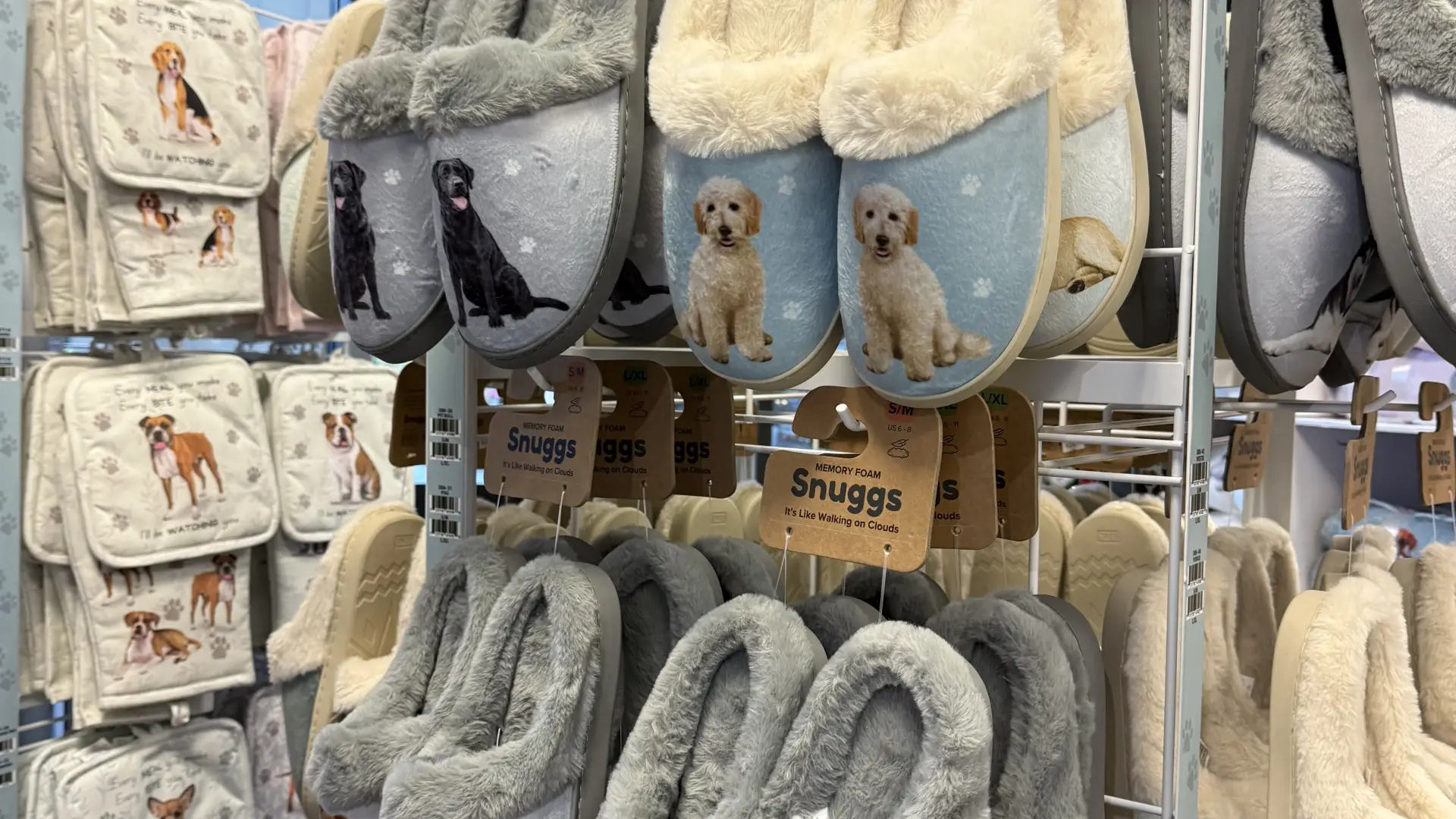 Christmas slippers with puppies in santa hats
