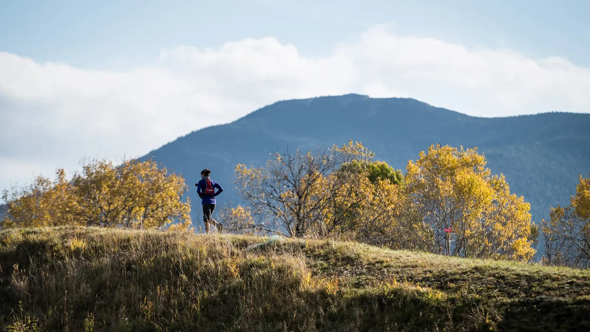 Person runs on grassy hill in fall with trees ad mountains in the background